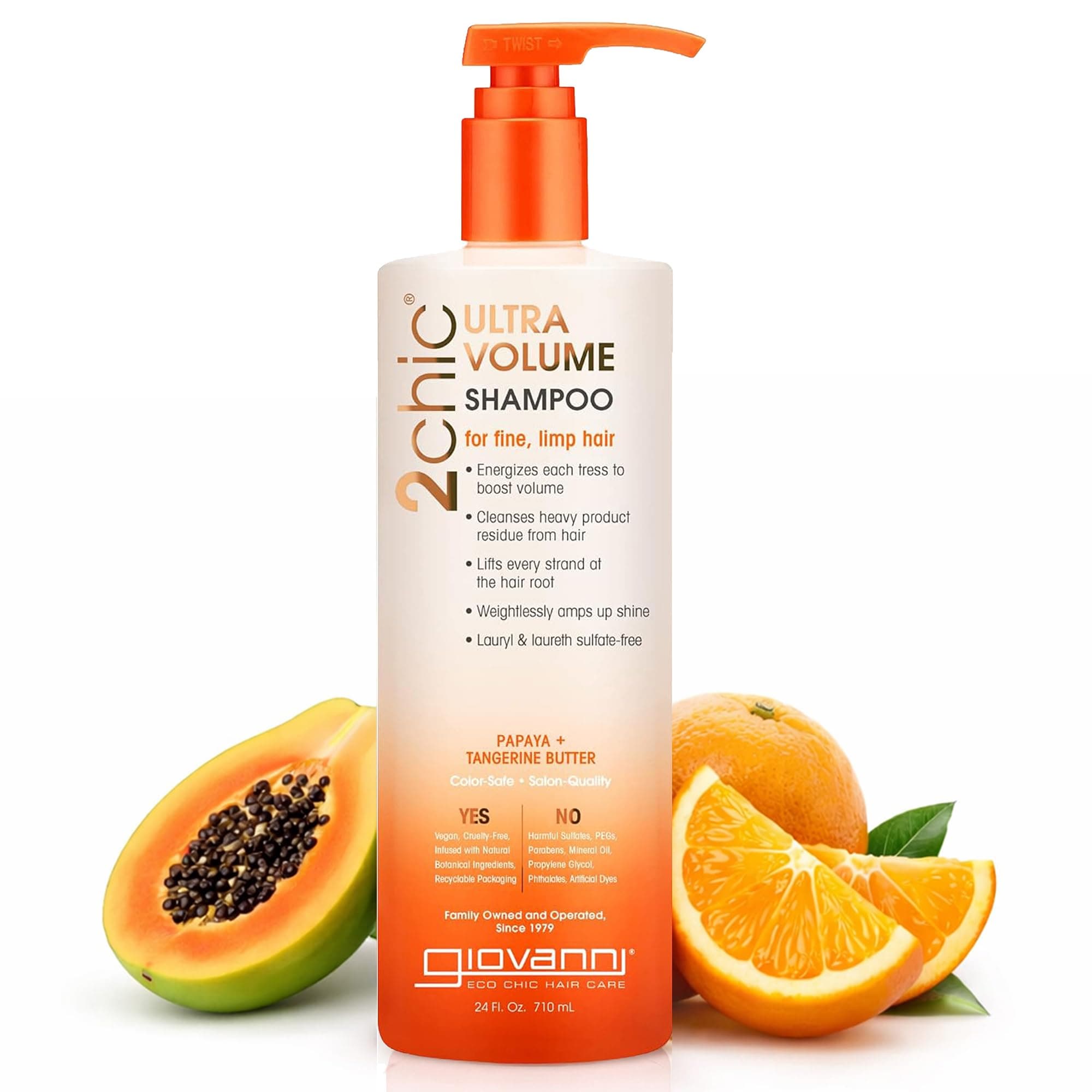 GIOVANNI 2chic Ultra-Volume Shampoo - Daily Volumizing Formula with Papaya & Tangerine Butter, Promotes Weightless Control for Fine Limp Thin Hair, No Parabens, Color Safe - 24 oz