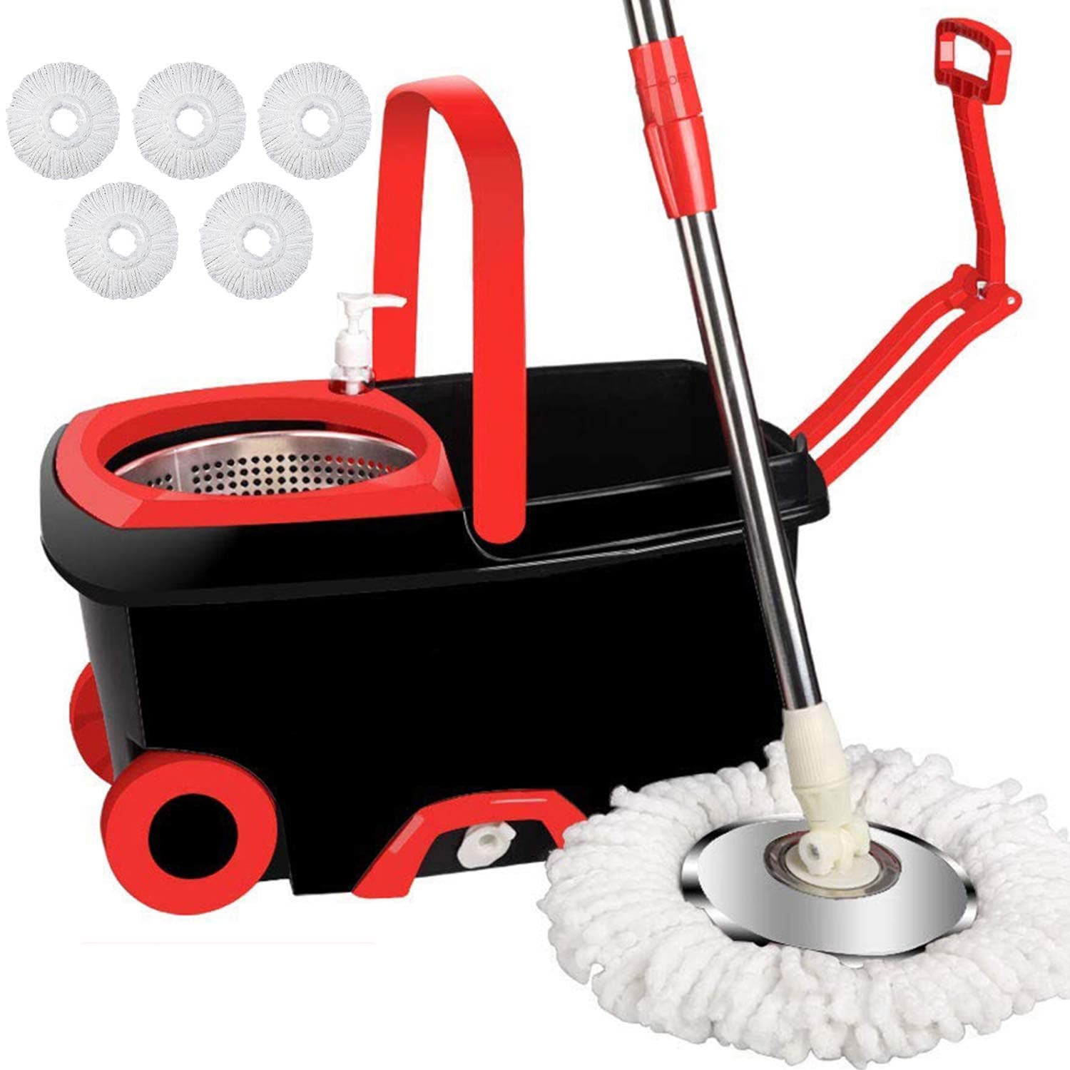 LETTON Microfiber Spin Mop and Bucket Set Stainless Steel Basket with 5 Microfiber Mop Heads and Two Wheels for Home Floor Cleaning Tools