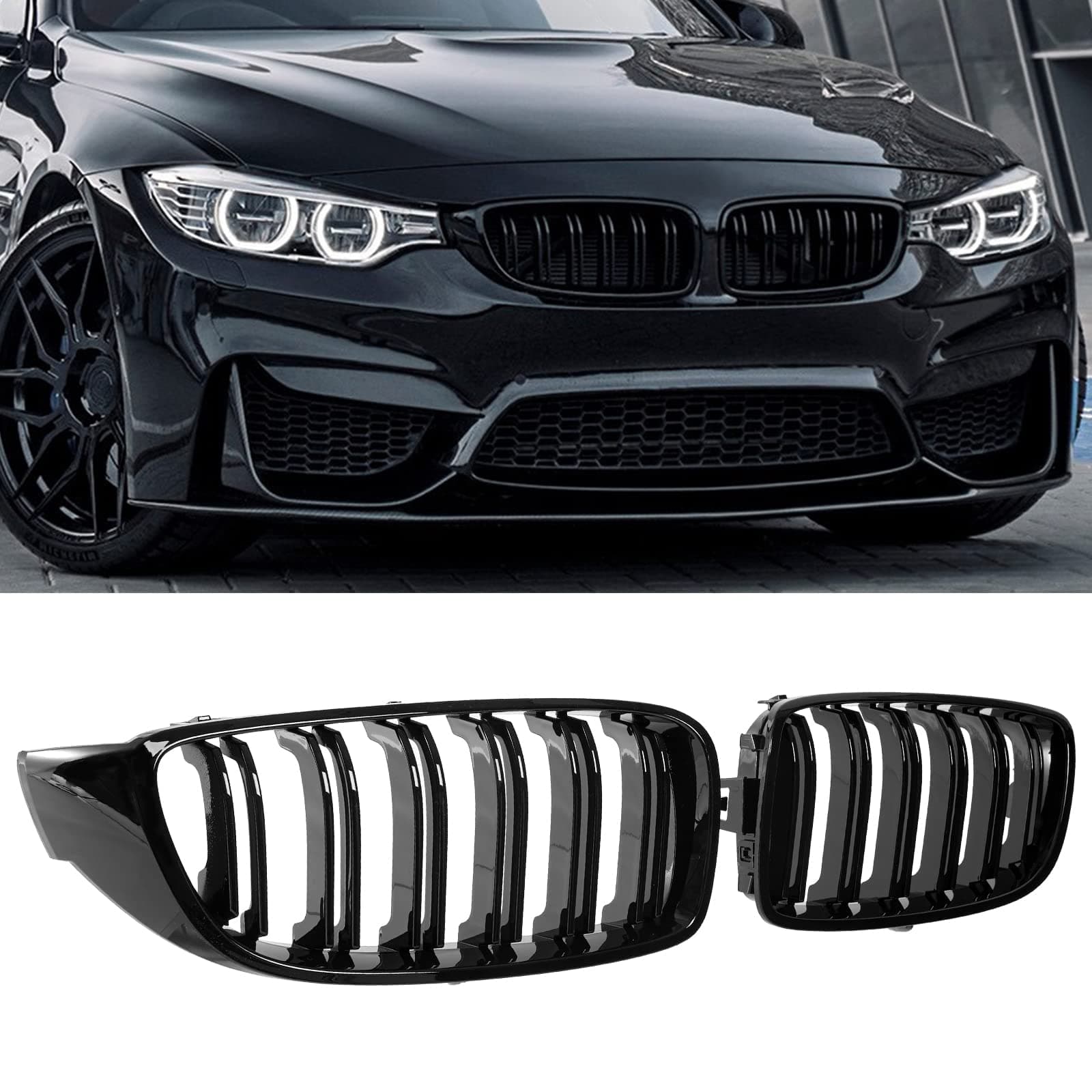 F32 Grille,Front Kidney Grille Grill Compatible for 4 Series F32 F33 F36 (2014-2019) M3 F80 M4 F82 (2015-2019) (Double Slats Gloss Black Grills, 2pcs)