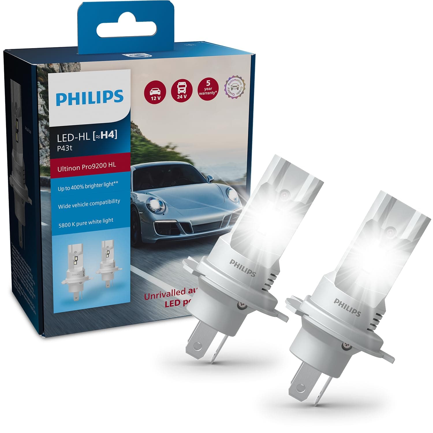 Philips automotive lighting Ultinon Pro9200 LED car headlight bulb (H4), +400%, 5.800K, set of 2