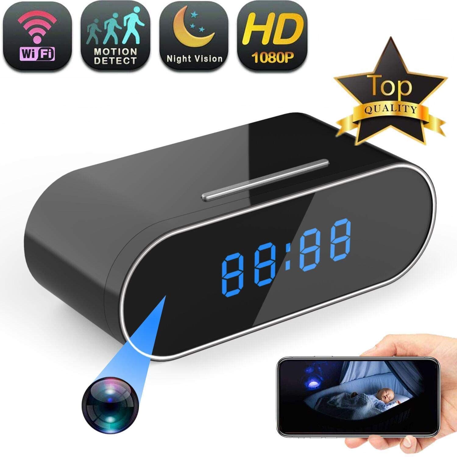 Wireless Hidden Camera 1080P WiFi HD Night Vision Spy Cam Clock Mini Camera 140° Wide-Angle Video Recorder Motion Detection Remote Nanny Cam -Home Security Monitor Camera Real-Time Viewing Via App
