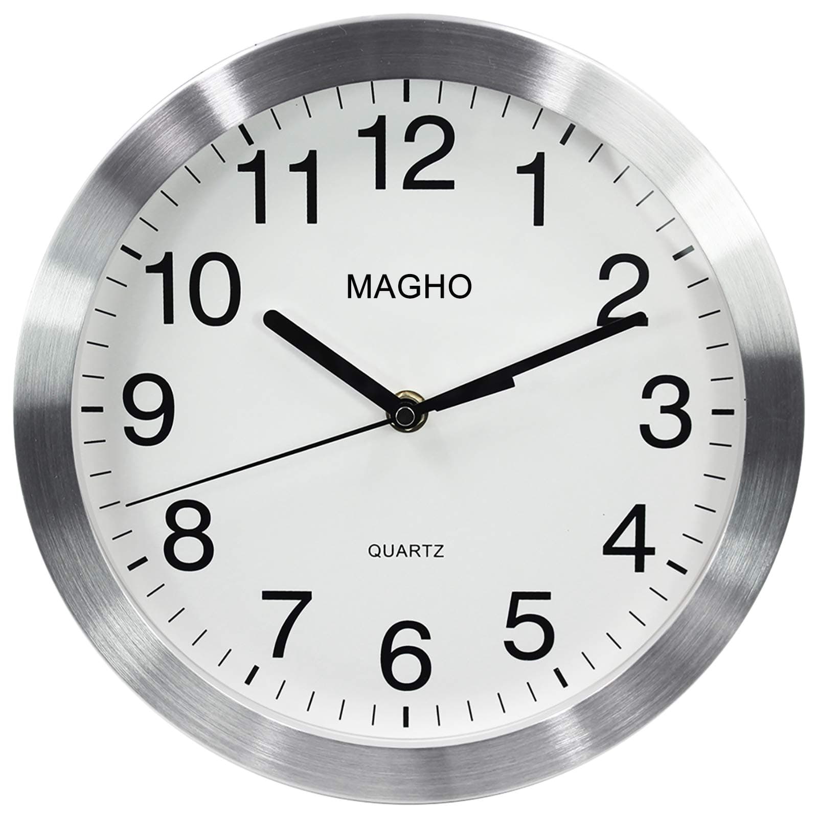 MAGHO Silent Wall Clock Non Ticking Quality Quartz Sweep Movement Battery Operated 10 Inch Aluminum Frame Glass Cover Decorative Clock for Kitchen, Living Room, Bedroom, Bathroom, Office