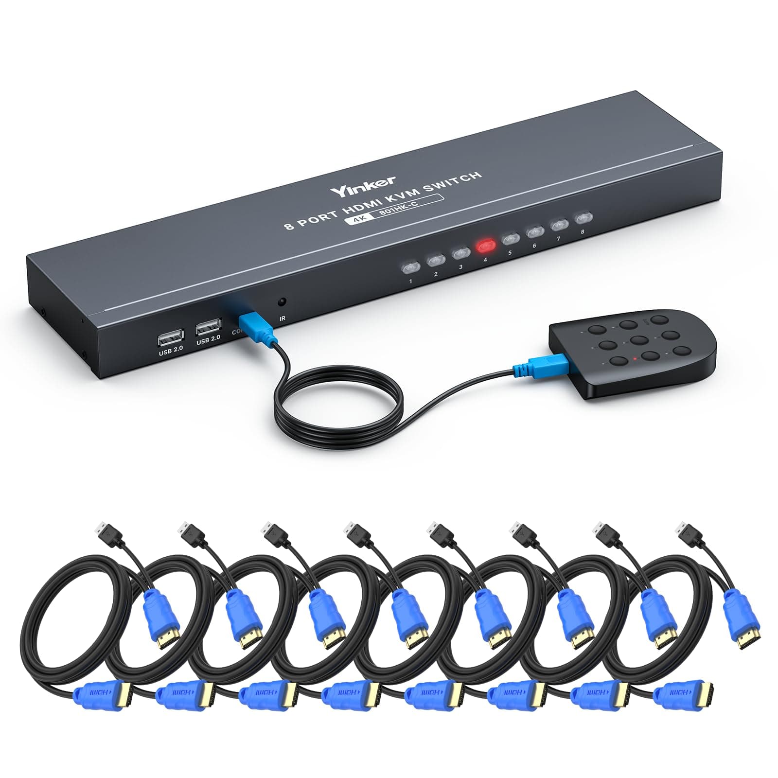 KVM Switch HDMI 8 Port, 4K@30Hz USB HDMI Rack KVM Console 8 in 1 Out w/9pack Cables 4 USB 2.0 Hubs Desktop Selector IR Remote & Ears