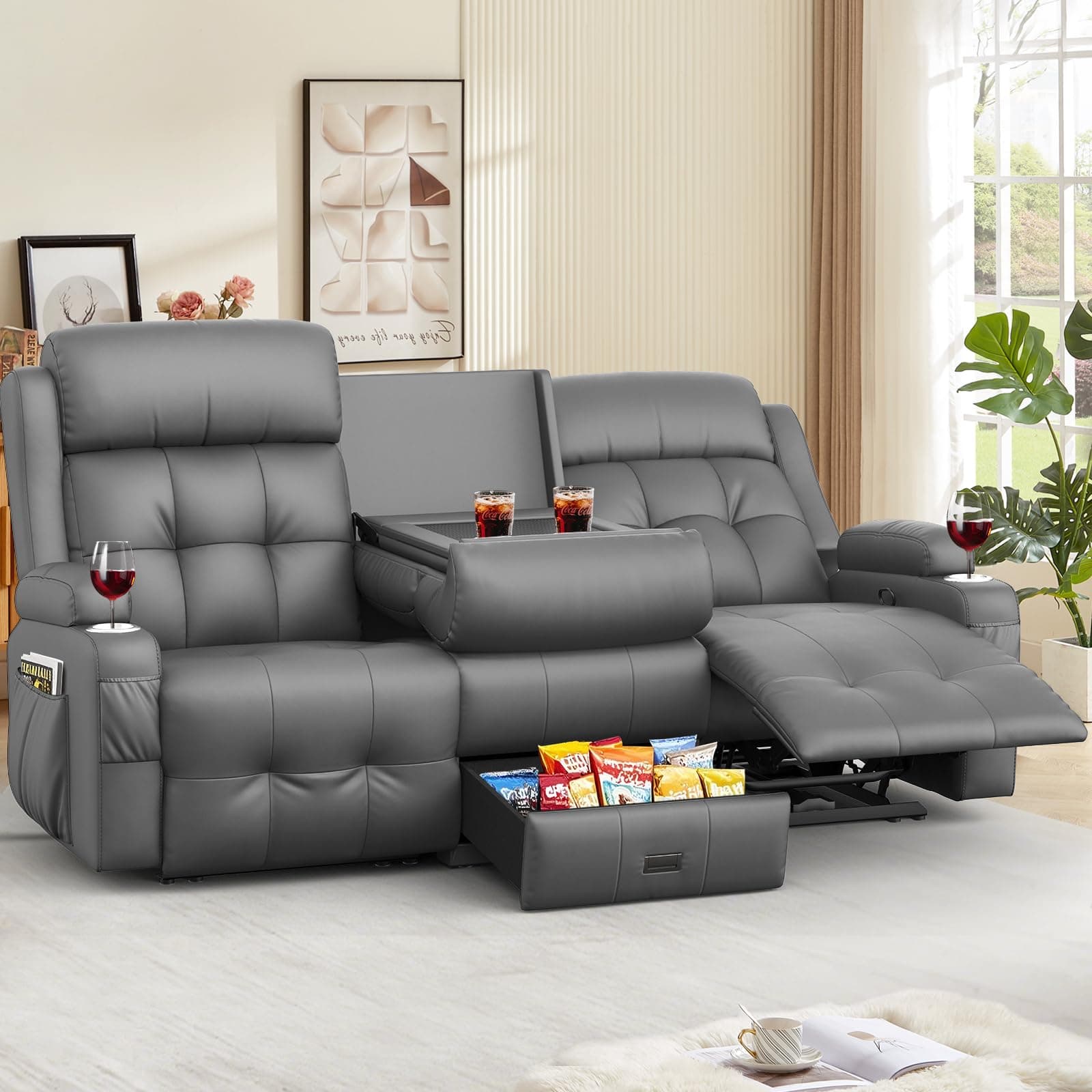 Recliner Sofa, 78.2" PU Leather Reclining Couch Loveseat with Flip Middle Backrest & Drawers - 3 Seat Home Theater Seating, Massage - Lumbar Support for Family Living Room & RV