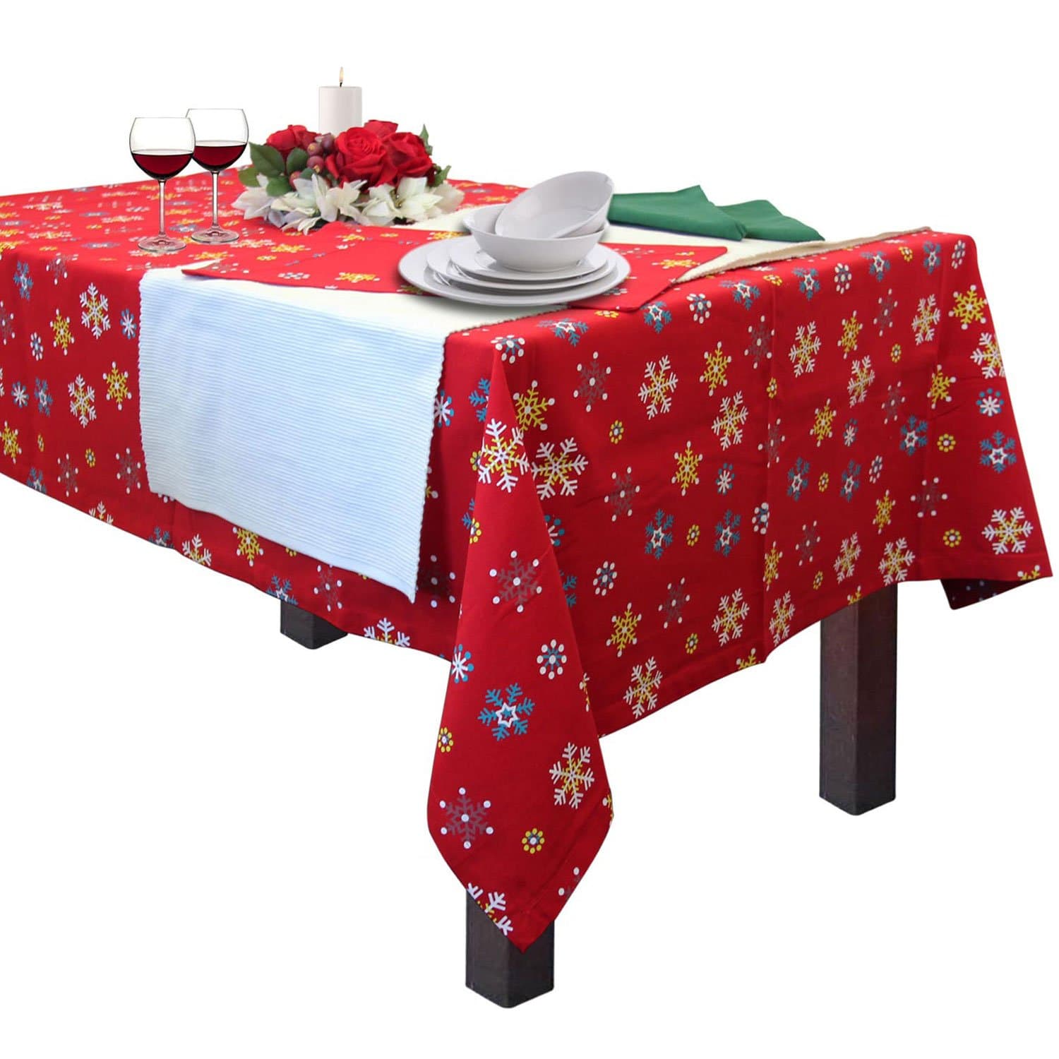 HOMESCAPES - Christmas - Tablecloth - Red Snowflake - X Mas design - 54 x 70 Inch - 100% Cotton - White Green and Red Colour - Washable at Home