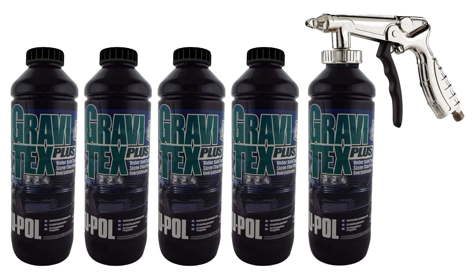 GravitexUPol Stone Chip Protector Black 1 Litre X 5 Chassis Protection + Air Application Gun