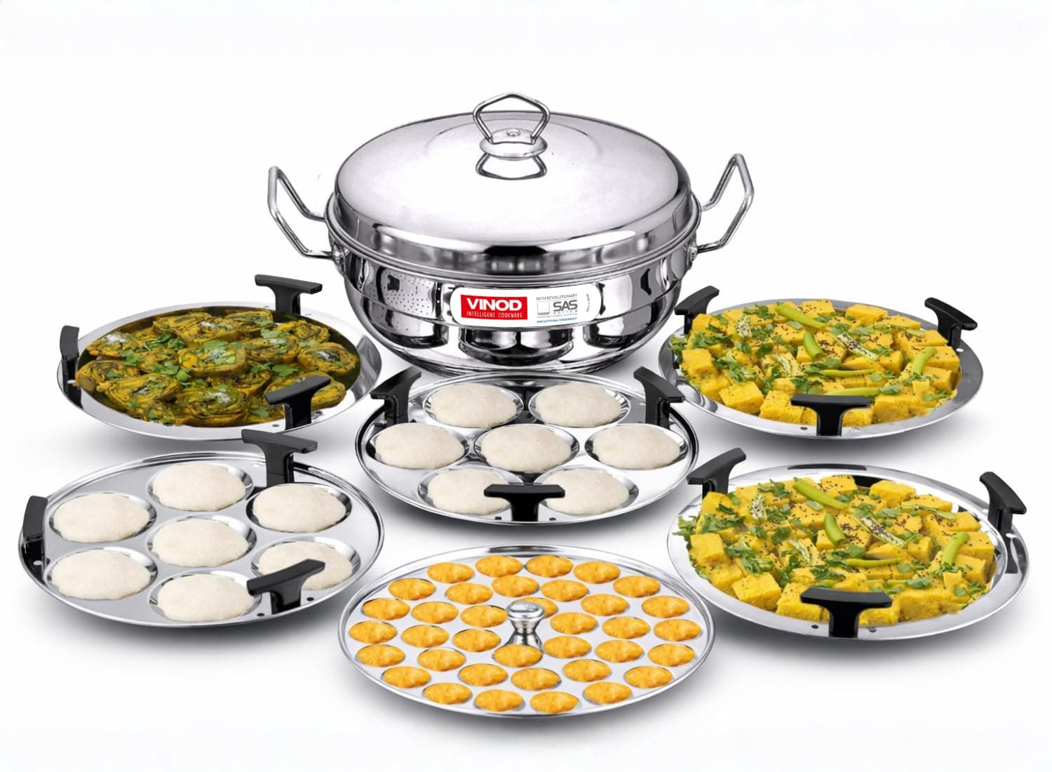 Vinod Stainless Steel 7 pcs Deluxe Multi Kadai with lid, 2 idli Plates, 2 dhokla Plates, 1 patra Plate and 1 Mini idli Plate, SAS Bottom, Induction & Gas Stove Friendly,Sturdy Side Handles