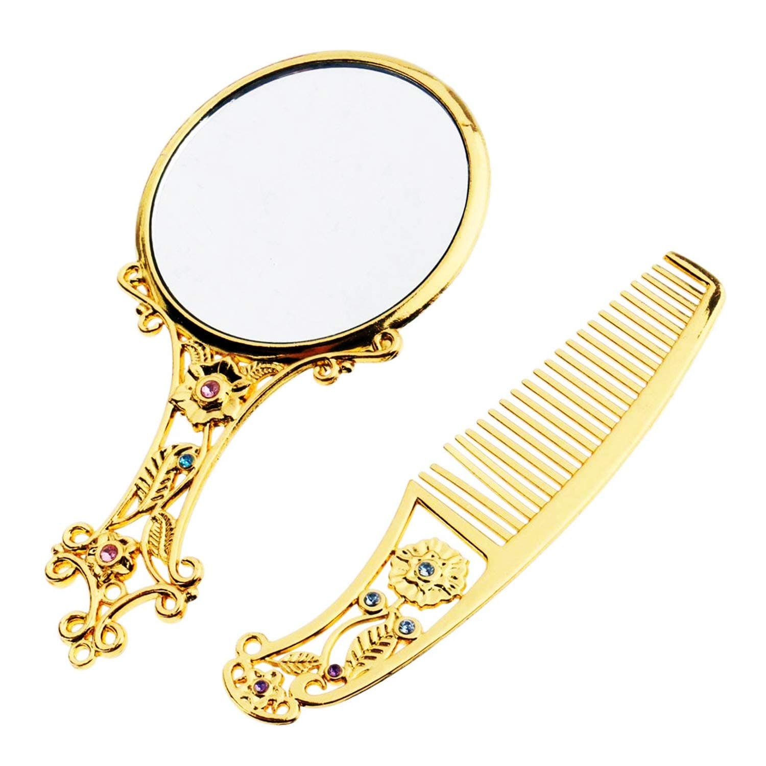 Kilimazart Retro Handheld Cosmetic Mirror Comb Set Hollow Carvings Royal Princess Makeup Mirror Comb Pattern Random