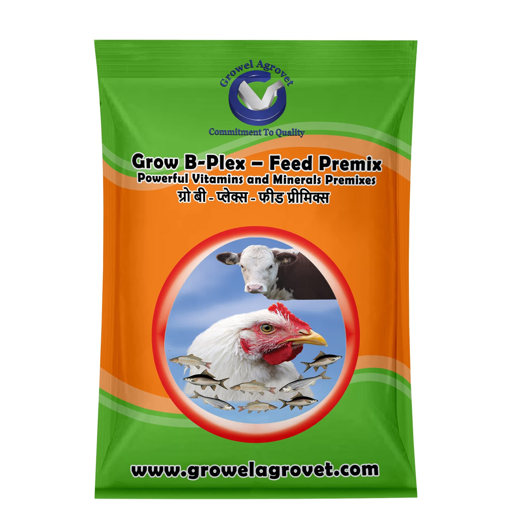 Growel Grow B-Plex – Feed Premix with 19 Vitamins, Amino Acids and Minerals for Aquaculture, Poultry, Cattle, Horses, Pigs, Goats and Sheep – 1 kg.