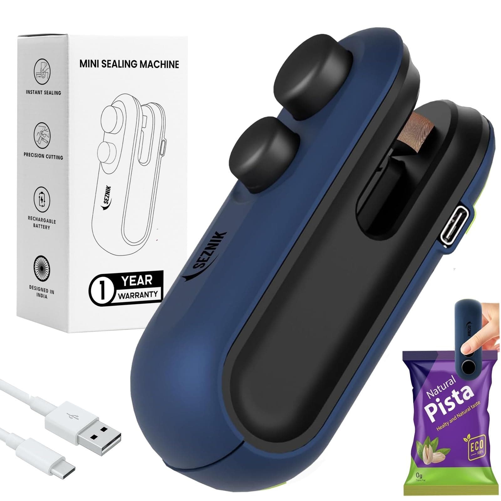 SEZNIK Portable Mini Sealing Machine, Handheld Packet Sealer For Food, Snacks, Chips, Fresh Storage, Plastic Bags Sealing Machine, (Dark Blue)