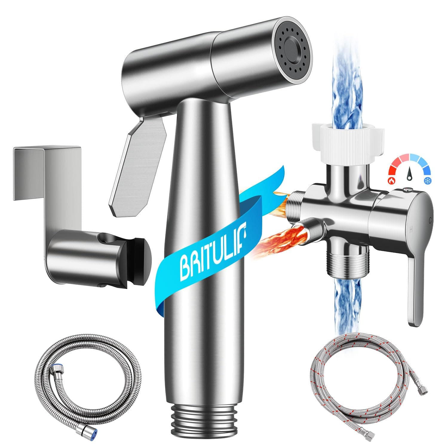 BRITULIF Hot and Cold Bidet Sprayer for Toilet, Bidet Attachment for Warm Water, Jet Sprayer for Toilet Muslim Shower, Ideal for Feminine Hygiene, Pet Cleaning, Cloth Diapers, and Elderly Care