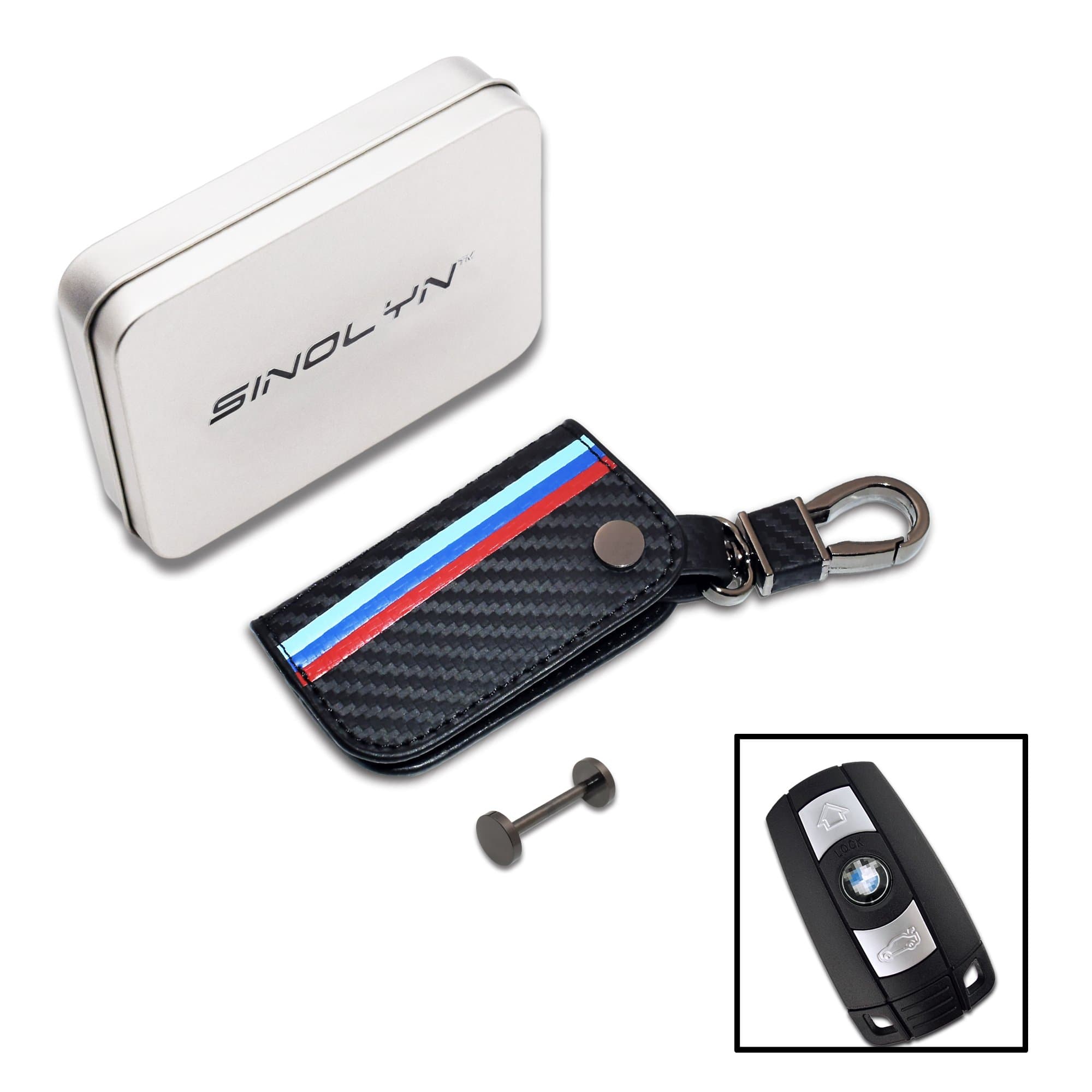 for BMW Key Case, M-Colored Stripe Black Carbon Fiber Pattern Leather Key Holder with Keychain for BMW Remote Fob Accessories (for Older 1 3 5 6 Series X5 X6 Z4)