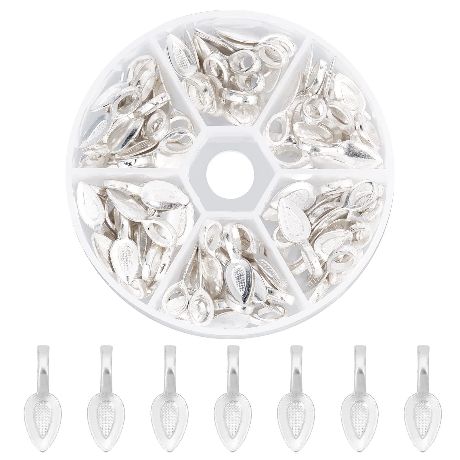 PH PandaHall 100pcs Spoon Pendant Bails, Leaf Bail Decorative Bails Silver Glue on Earring Bails Flat Pad Pendant Finding for DIY Crafts Earring Necklace Pendants Jewellery Making