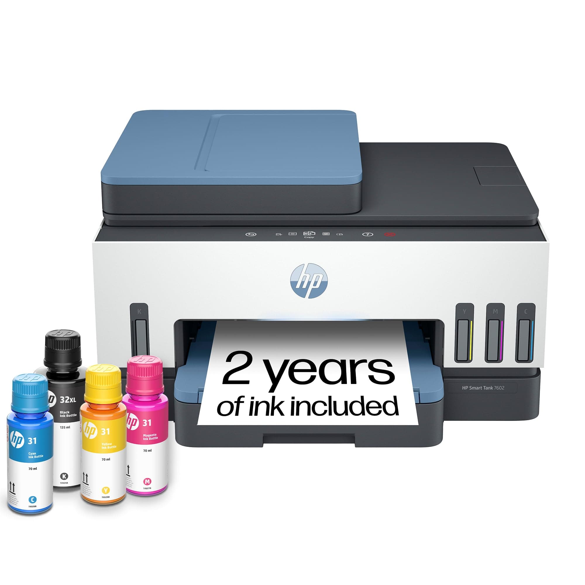 HP Smart -Tank 7602 Wireless Cartridge-Free All-in-One Printer, Up to 2 Years of Ink Included, Mobile Printing, Scan, Copy, Fax, Auto Document Feeder, with One Panel