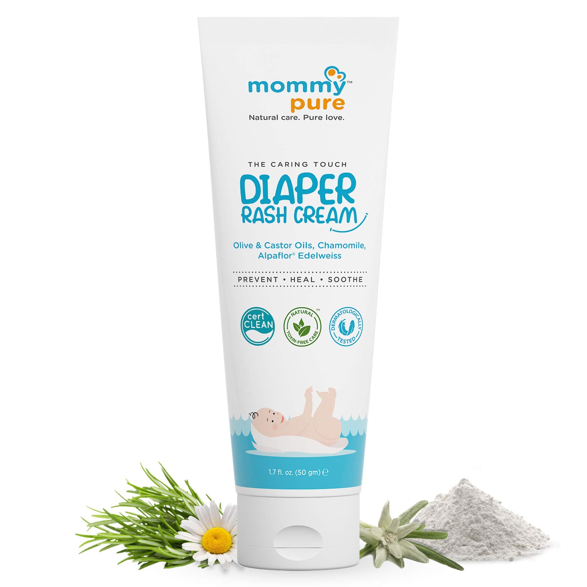 Mommypure Natural Diaper Rash Cream (50gm)|Baby Rash Cream for New Born Baby|with Zinc Oxide, Chamomile, Olive & Jojoba Oils, Free of Parabens & Mineral Oil | Dermatologically Tested