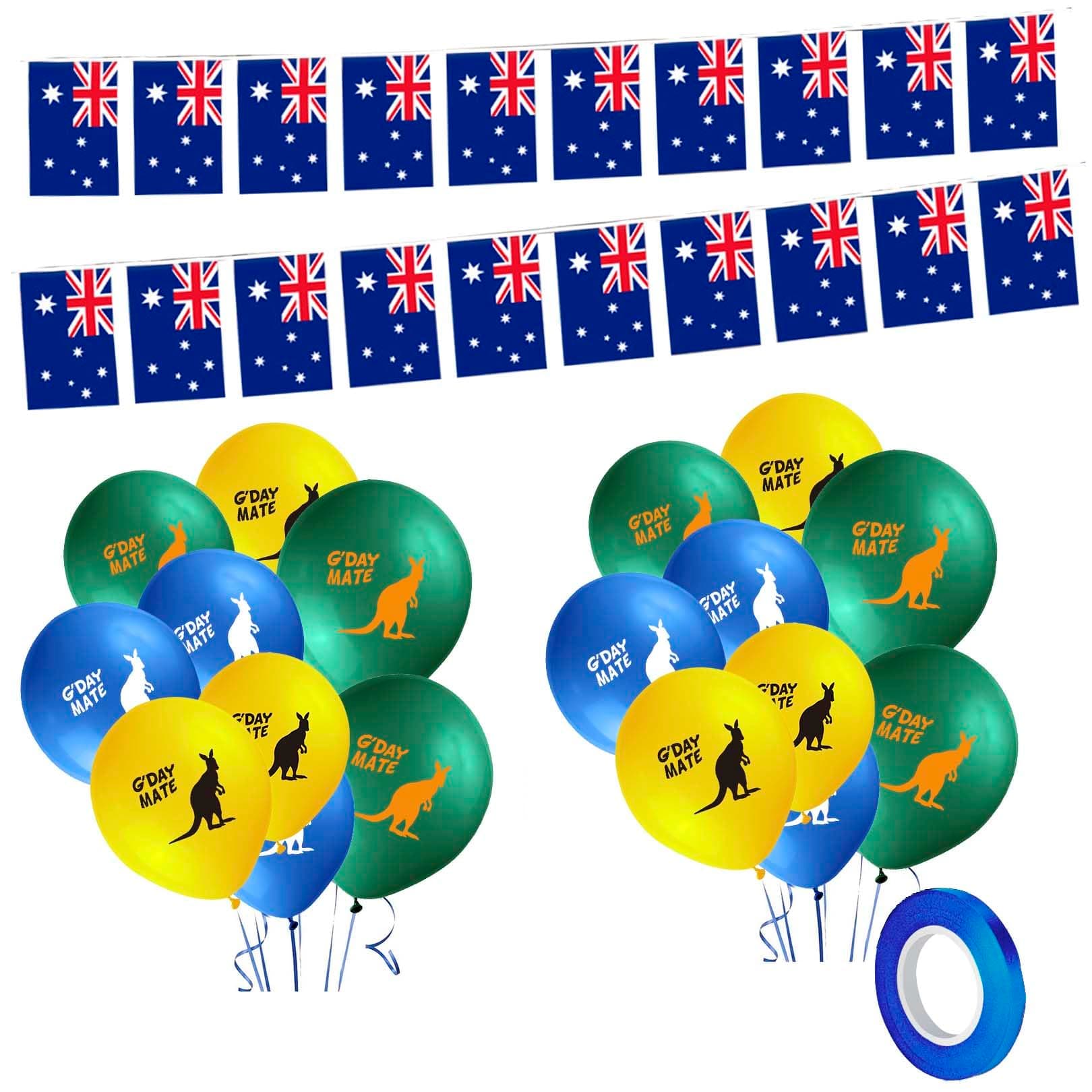 Jc.upin 5M Australian Flag Bunting Banner by 20 Pcs Small Flags, 18Pcs Kangaroo Balloons Australia Day and Silvery Grey Ribbons for Party Decorations, Baby Shower Birthday