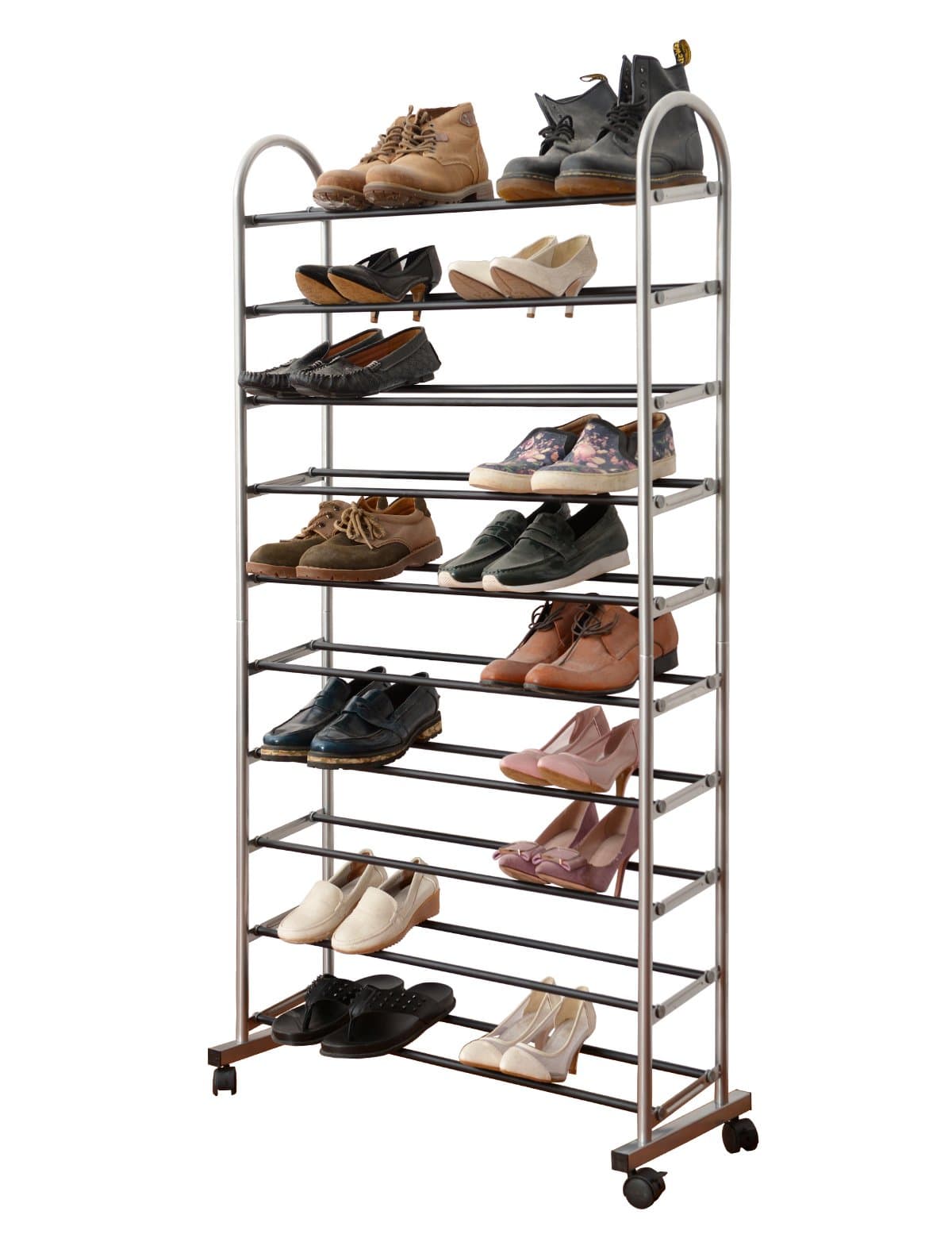 WILSHINE Tall Shoe Rack for Closet 10 Tier Shoe Rack Rolling Metal Sturdy Silver