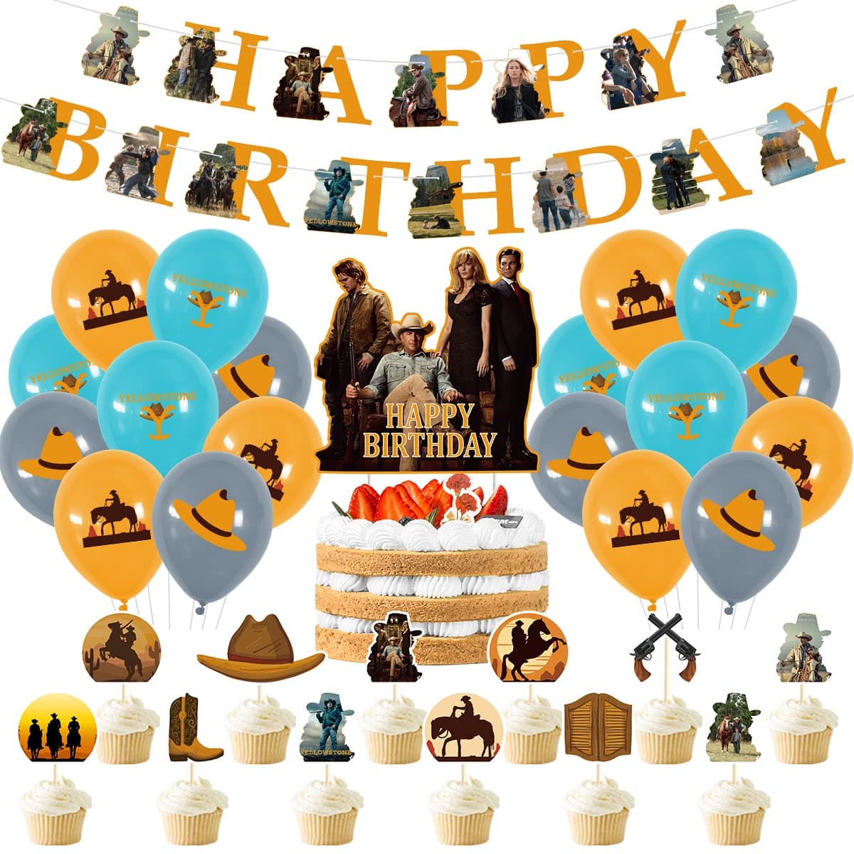 Yellowstone Birthday Party Supplies,Yellowstone Decorations include Cake Topper, Cupcake Toppers, Banner, Balloons