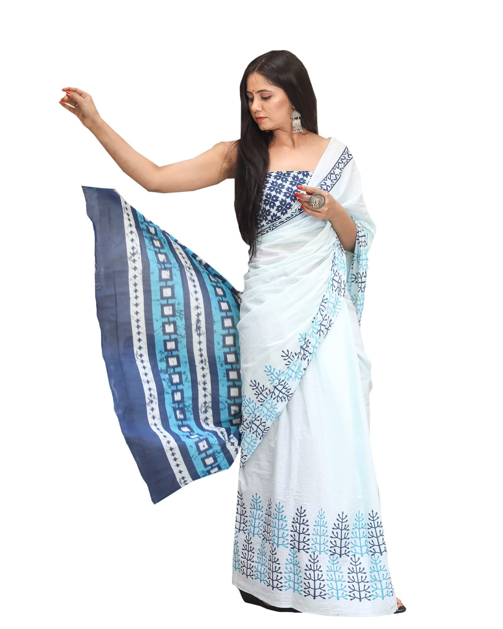 Women's Hand block printed cotton mulmul fabric saree With Blouse Piece Traditional Jaipuri Print_SH-0671