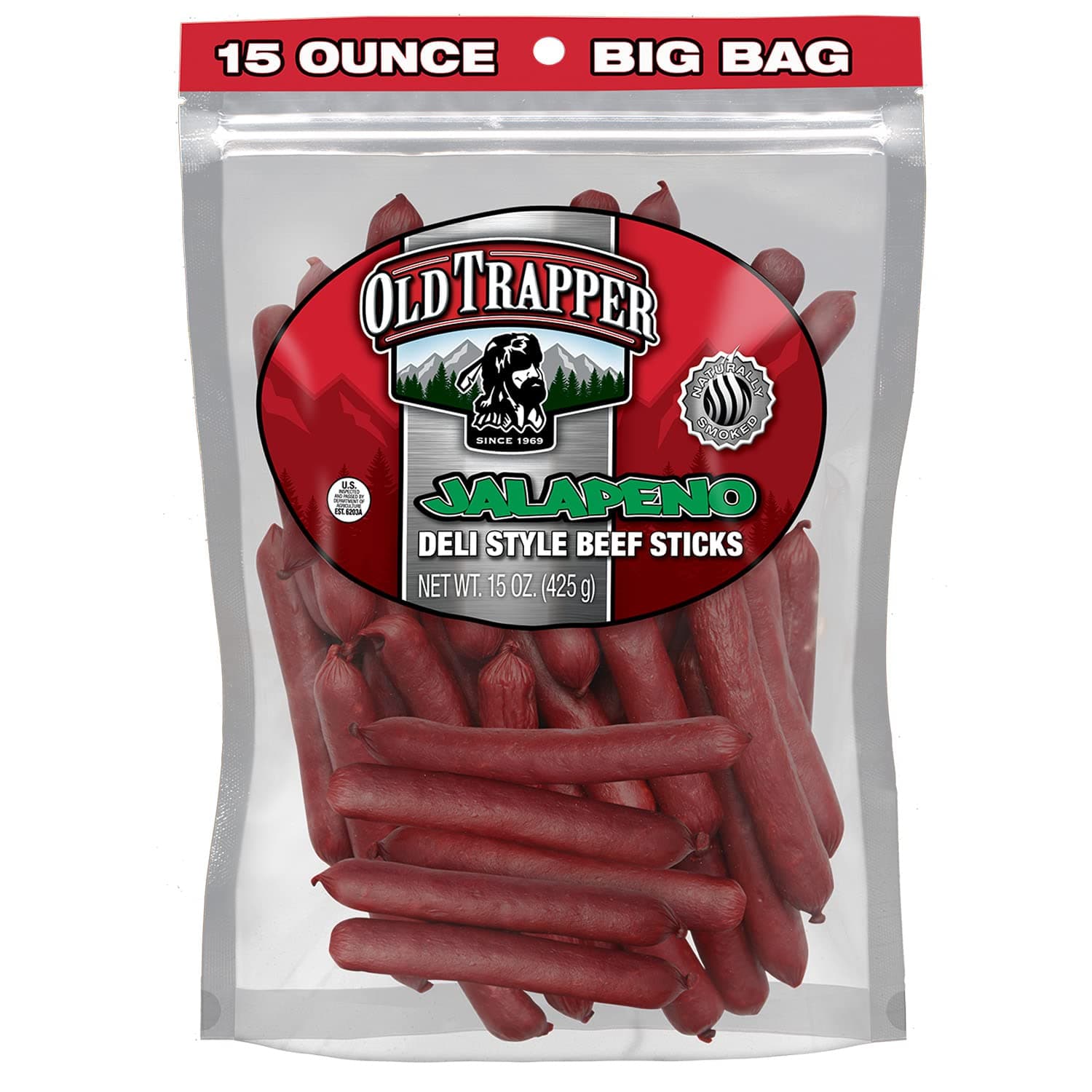 Old Trapper Deli-Style Beef Sticks, Jalapeño Flavor, 15-Ounce Package, Spicy Beef Sticks, Six Grams of Protein and Zero Grams of Sugar per Serving (Pack of One)
