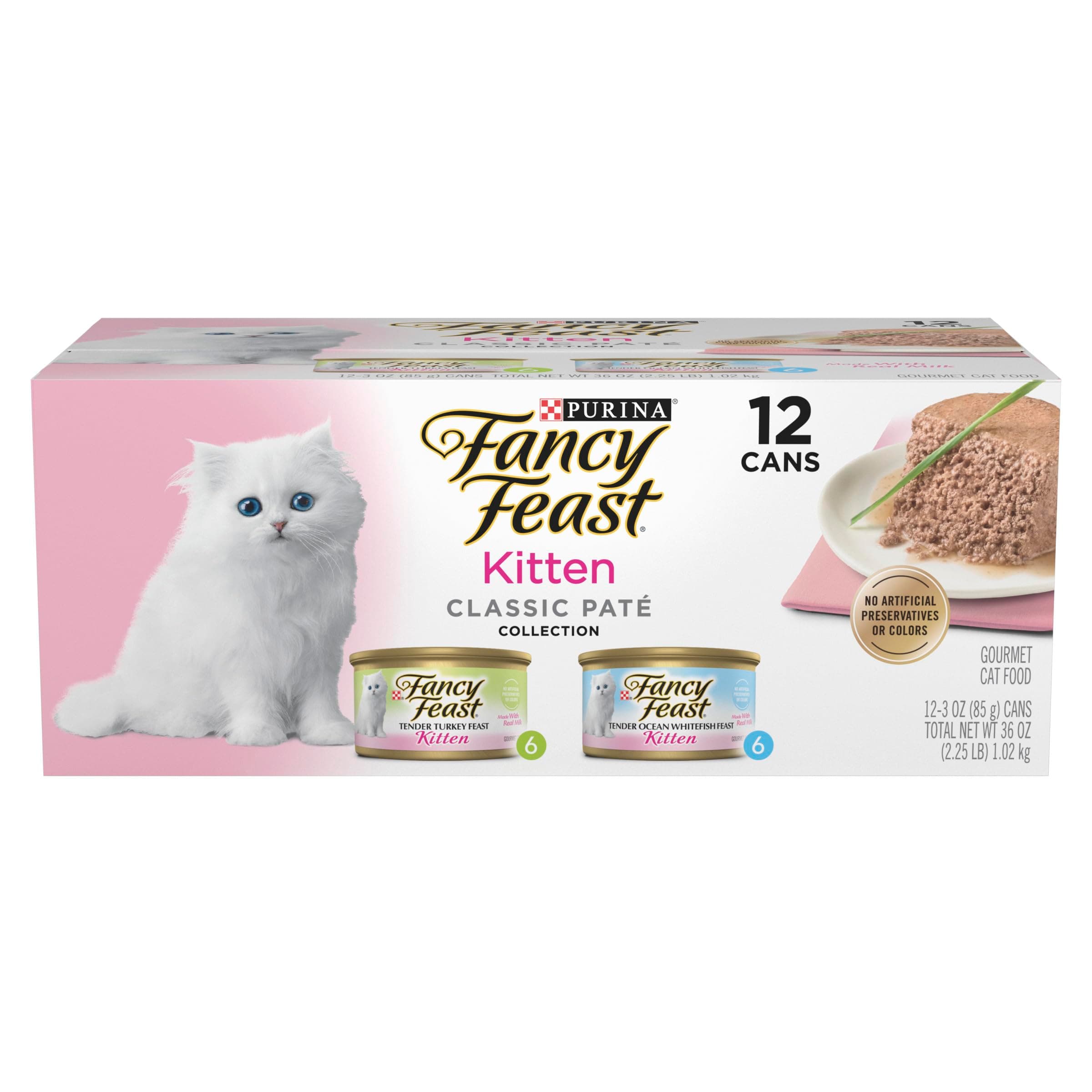 Purina Fancy Feast Kitten Tender Ocean Whitefish Feast and Tender Turkey Feast Wet Kitten Food Variety Pack - (2 Packs of 12) 3 oz. Cans