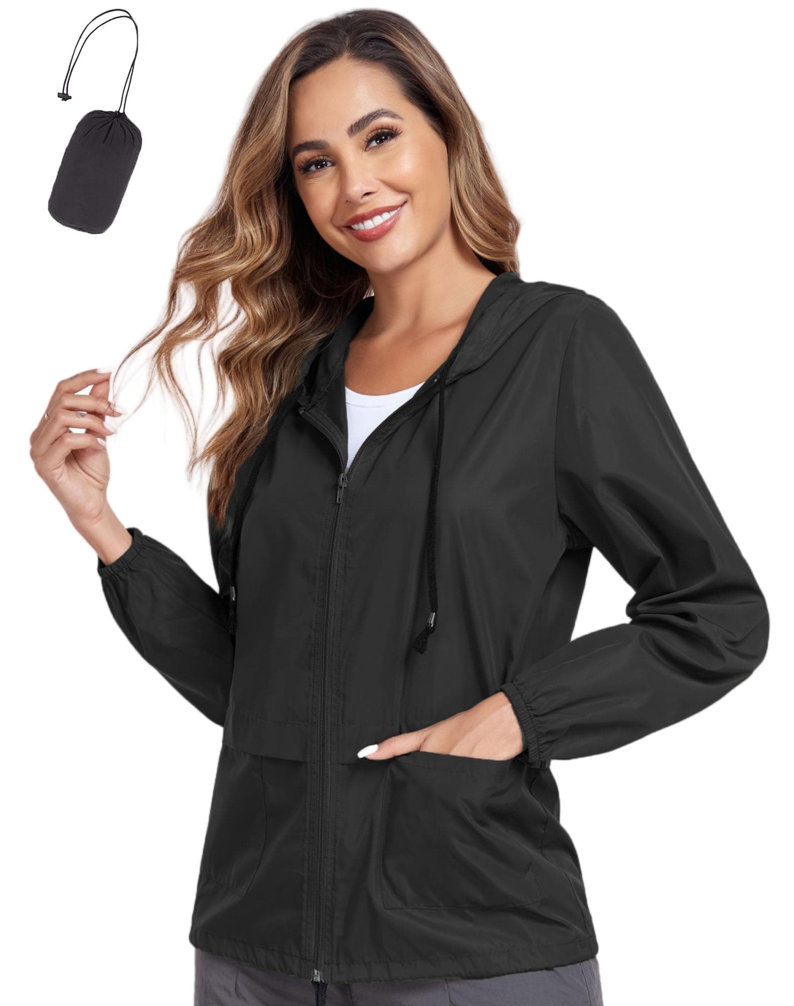 JTANIB Women's Raincoat Waterproof Windbreaker Hooded Lightweight Packable Rain Jacket with Back Zipper Coats S-XXL