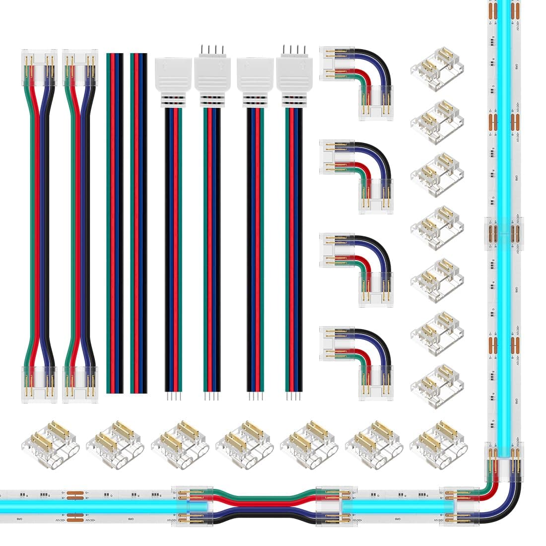 BTF-LIGHTING FCOB COB 10MM 4PIN Connector Kit for PWM FCOB COB RGB LED Strip Lights,L-Shaped,Dual-End with Wire,Gapless Connector,Strip to Wire,4pin JST,4-PIN 22AWG