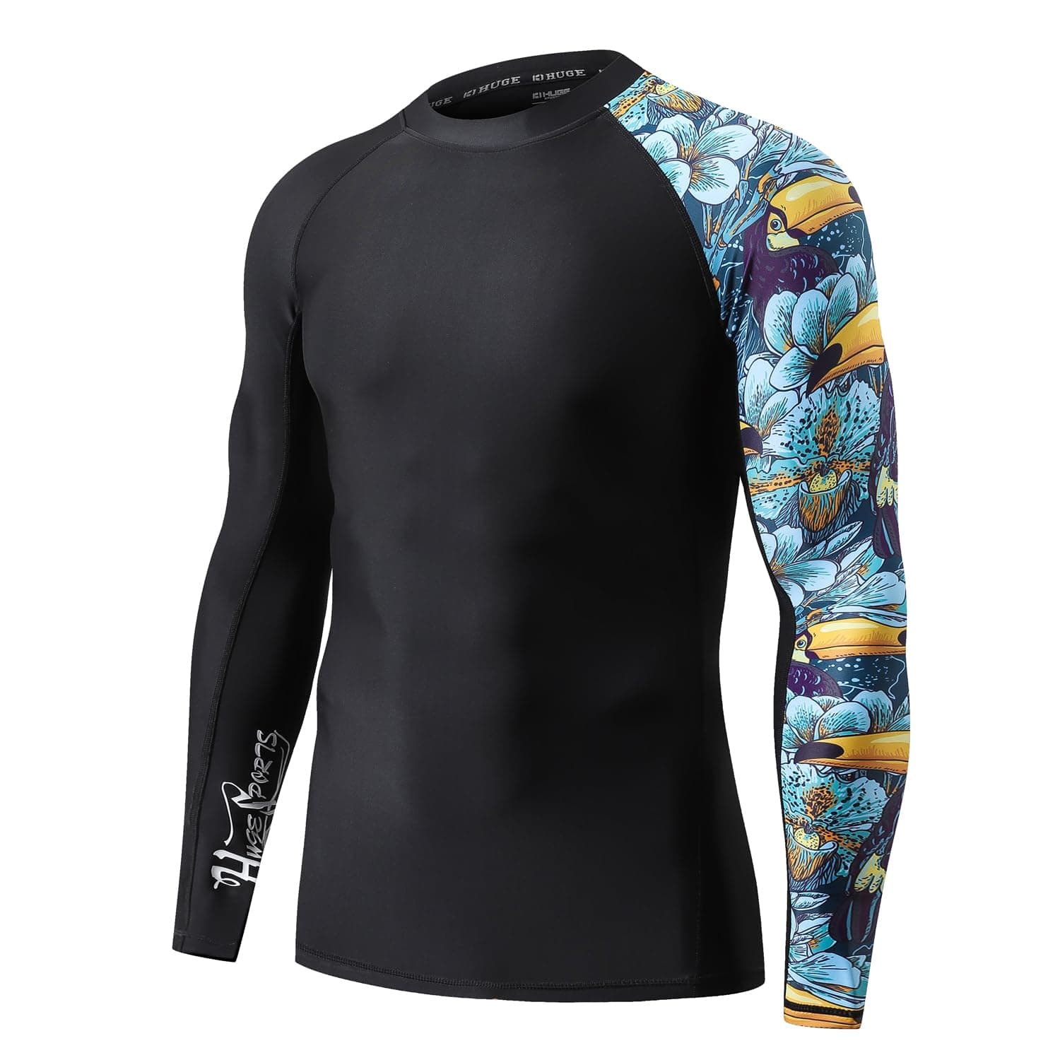 HUGE SPORTS Men's Rash Guard Long Sleeves UPF 50+ UV Sun Protection Quick Drying Splice Compression Swim Shirts