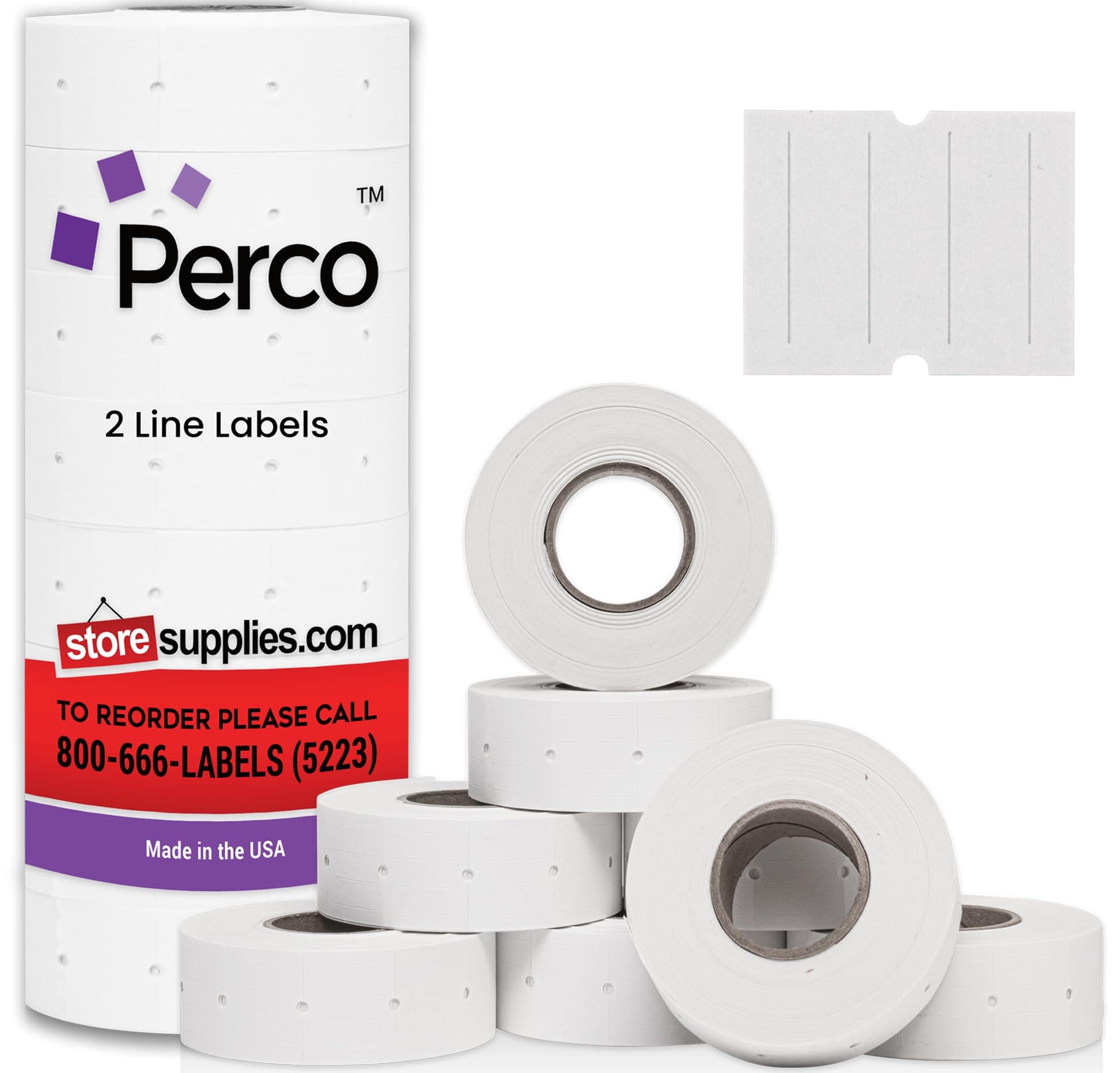 2 Line White Labels - 8 Rolls, 1 Sleeve, 6,000 Blank Price and Date Gun Labels for Perco 2 Line Price and Date Guns - Made in USA