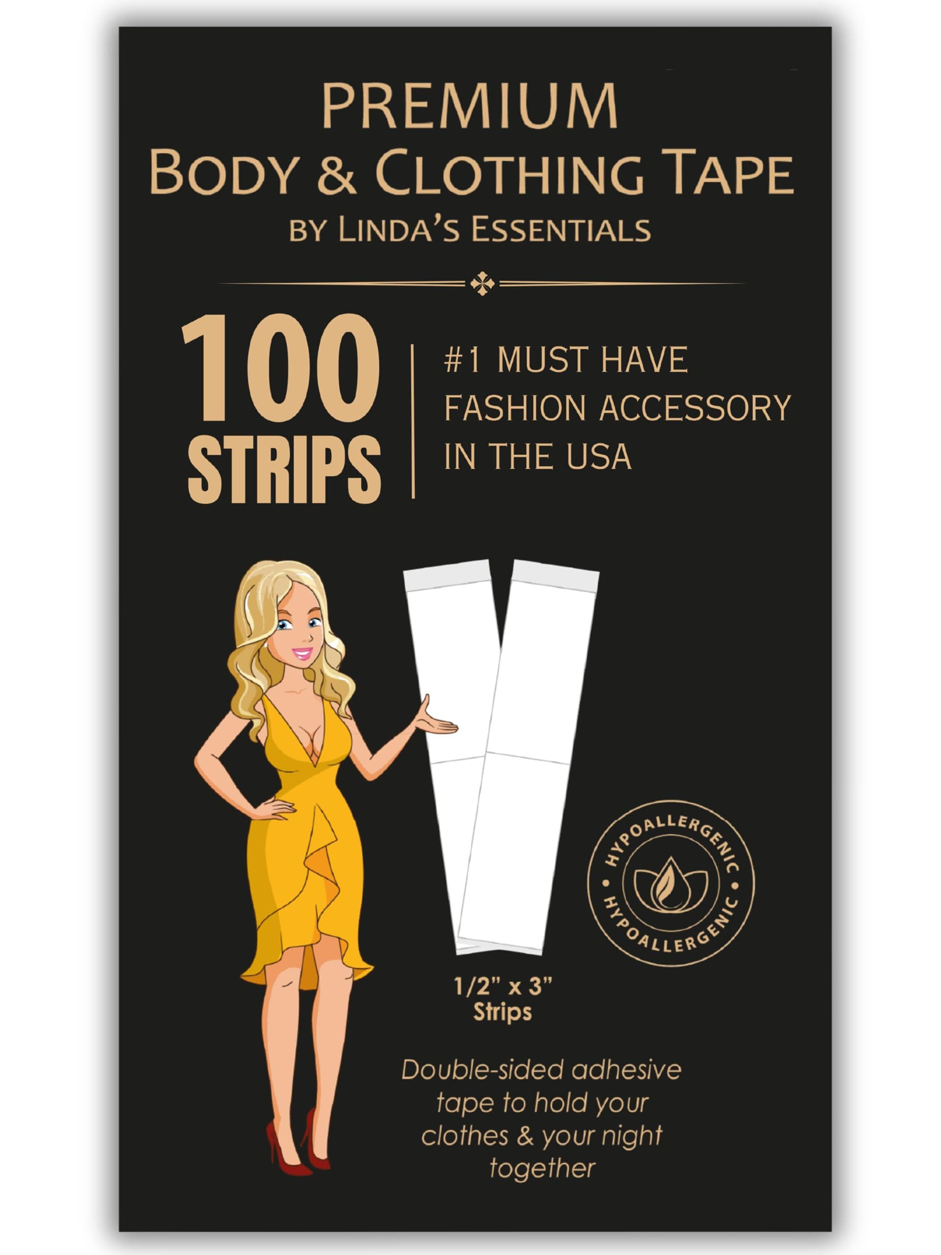 Linda's Essentials Double Sided Tape for Clothes, Body and Fashion (100 Pack) | Clothing and Hem Tape for Women, No Sew No Iron, Fabric Adhesive, Strong Clear Body Adhesive for Skin