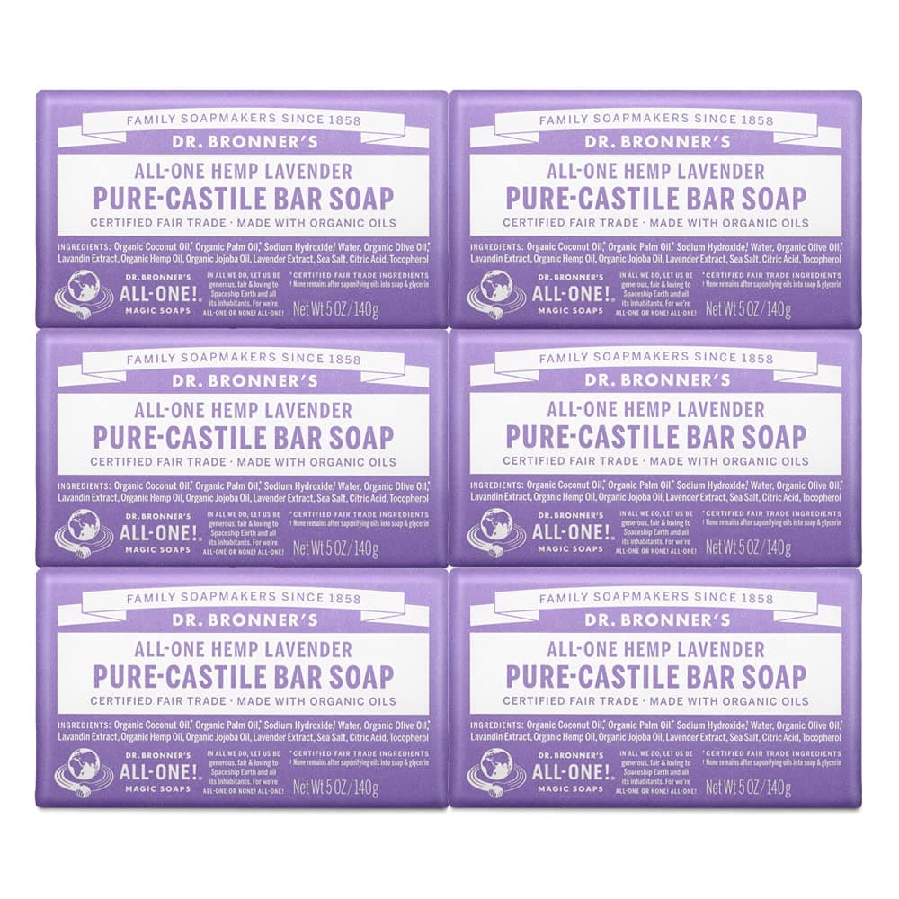 Pure-Castile Bar Soap (Lavender, 5 ounce, 6-Pack) - Made with Organic Oils, For Face, Body and Hair, Gentle and Moisturizing, Biodegradable, Vegan, Cruelty-free, Non-GMO