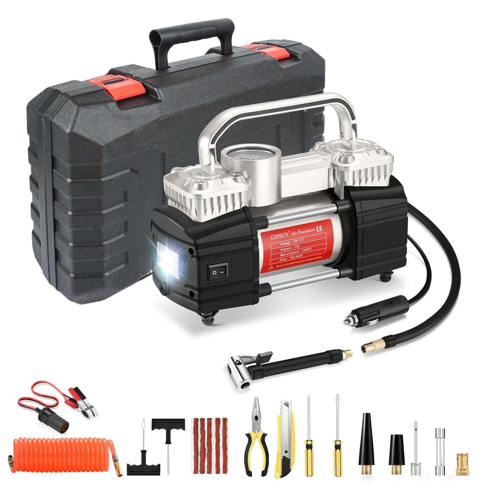 GSPSCN Portable Air Compressor Pump Dual Cylinder Heavy Duty Tire Inflator with LED Light,150 PSI 12V Air Pump with Tire Repair Kit and Toolbox for Auto,SUV,Truck tires etc Silver