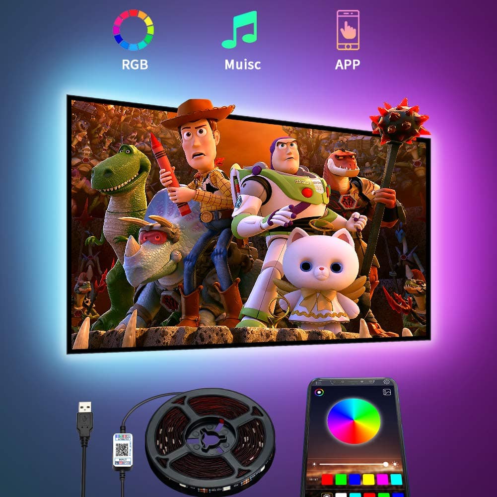 Romwish TV LED Backlights 4.5M, LED Strip Lights with Bluetooth APP Control for 65-75 inch TV, 16 Million Colors, Music Sync Color Changing + Sensitive Mic + Timing Function, Adapter USB Powered