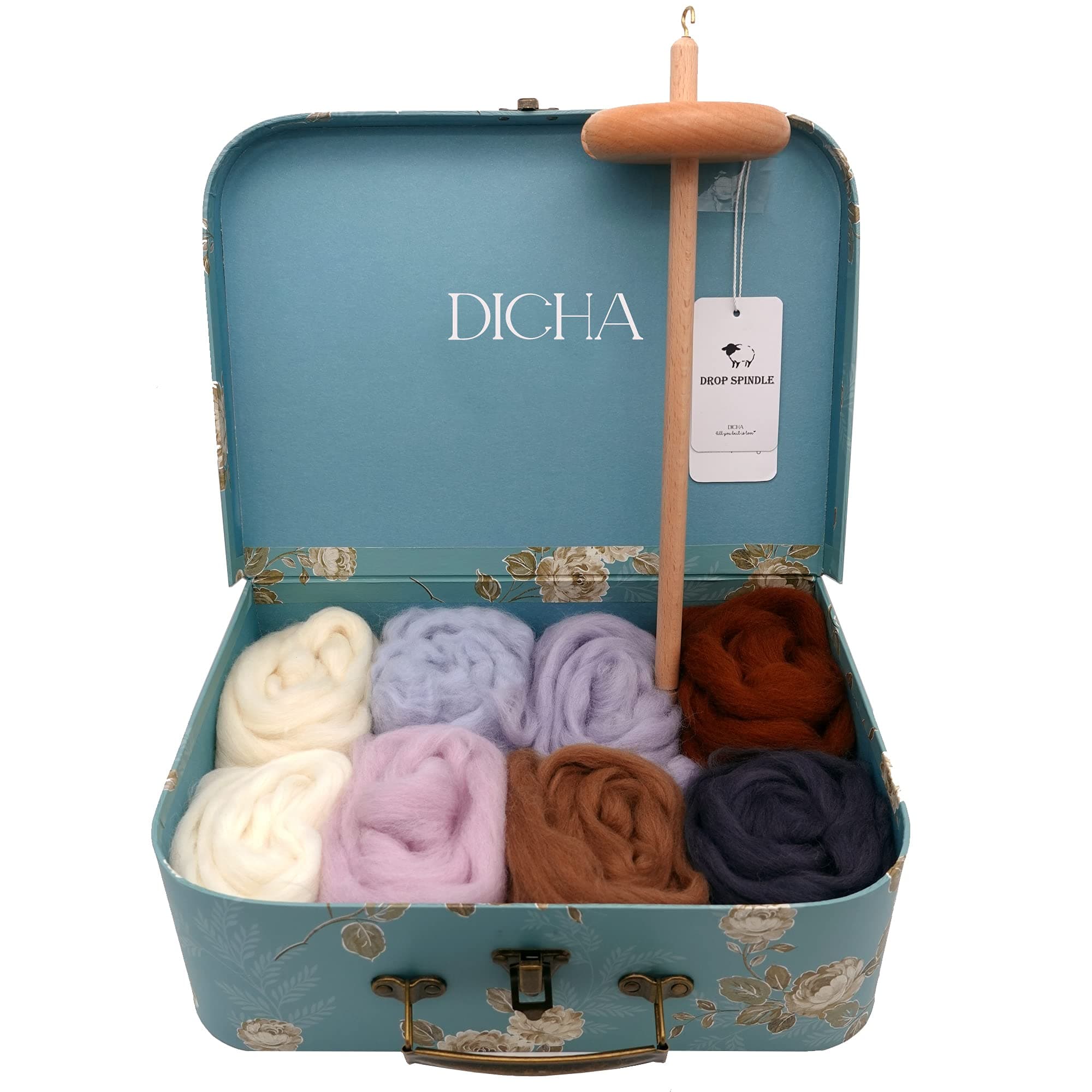 DICHA 3 Inch Drop Spindle Kit- High Low Whorl Wooden Spindles with 8 Oz Merino Wool/Top and Instructions-Weaving Spinning Wheels for Beginners-All in A Gift Box-Perfect Spinner Gifts