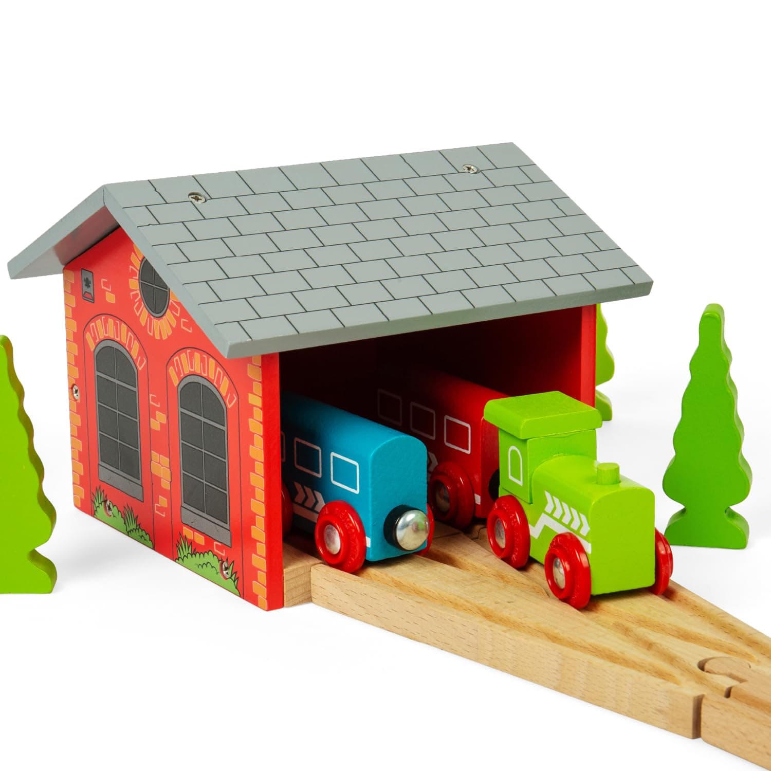Bigjigs Rail Double Engine Wooden Shed | Red Model Garage for Parking Train Toy | Accessories for Wood Railway Track Expansion | Ideal as Gifts for Kids Age 3+| Educational Tool for Young ChildrenThe Forest Stewardship Council