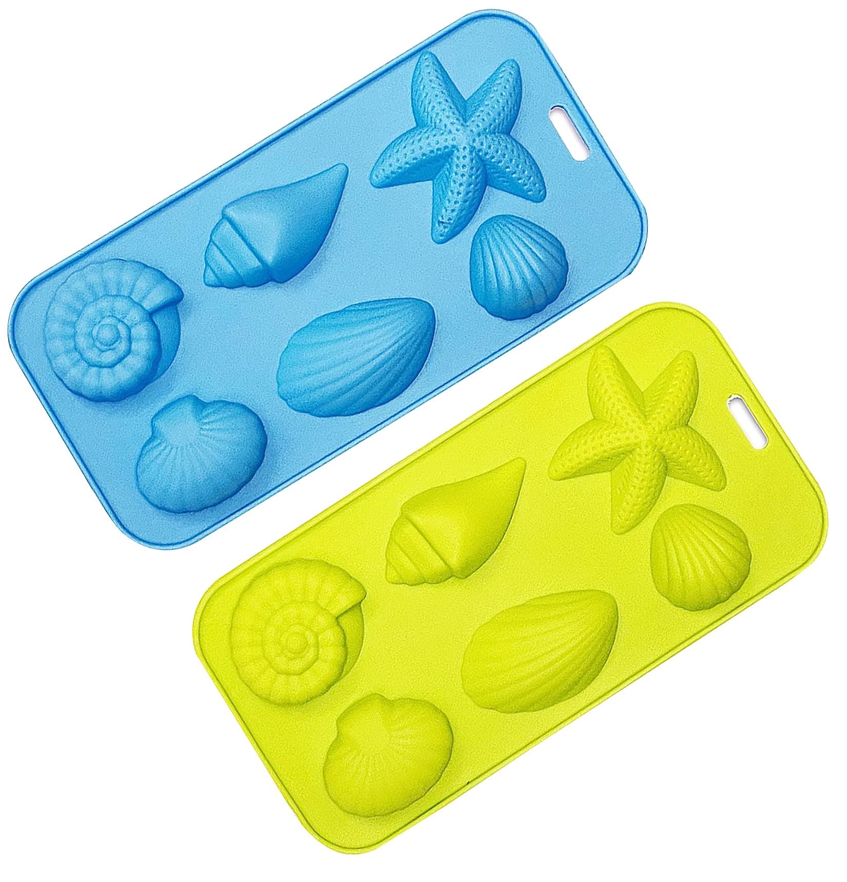 KIUATSJRIce Cube Trays Silicone Mold for Ice, Jelly, Chocolate and Soap - 6 Starfish Conch Shell Shape Ice Mold, Set of 2 Blue&Green