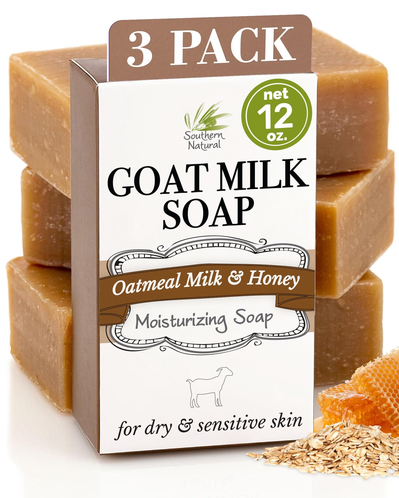 - Southern Natural Goat Milk Soap Bar - Oatmeal Milk & Honey 3 Pack - For Dry Sensitive Skin. Natural, Handmade Soap For Men, Women, Kids, Face & Body