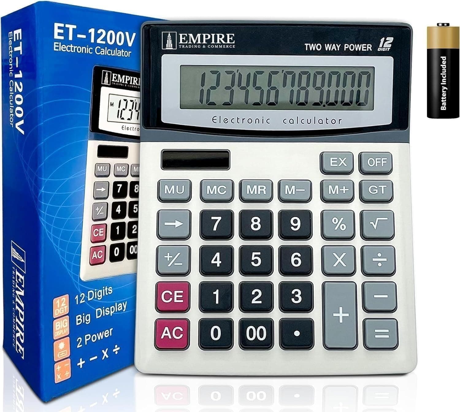 EMPIRE TRADING & COMMERCE Desk Calculator with Large Key Buttons, 12 Digits, Large Eye-Angled Display, Solar and Battery Powered for Home and Office (Battery Included)