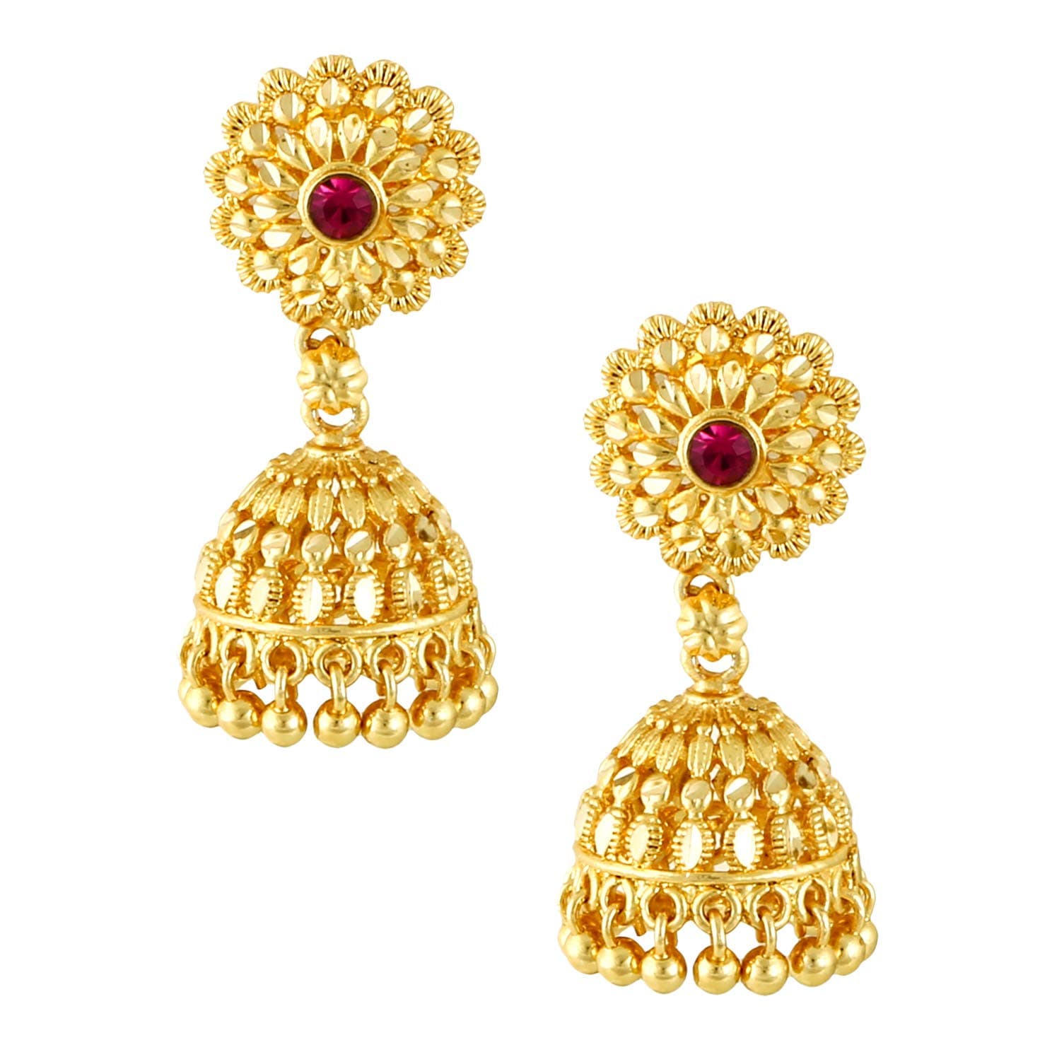 Traditional Temple Jewellery 18k One Gram Gold Ethnic Brass Stylish South Indian Screw Back Studs Round Ruby Jhumkas Set Jhumka Earrings For Women girls Ladies Latest -GOLD JHUMKI-M150