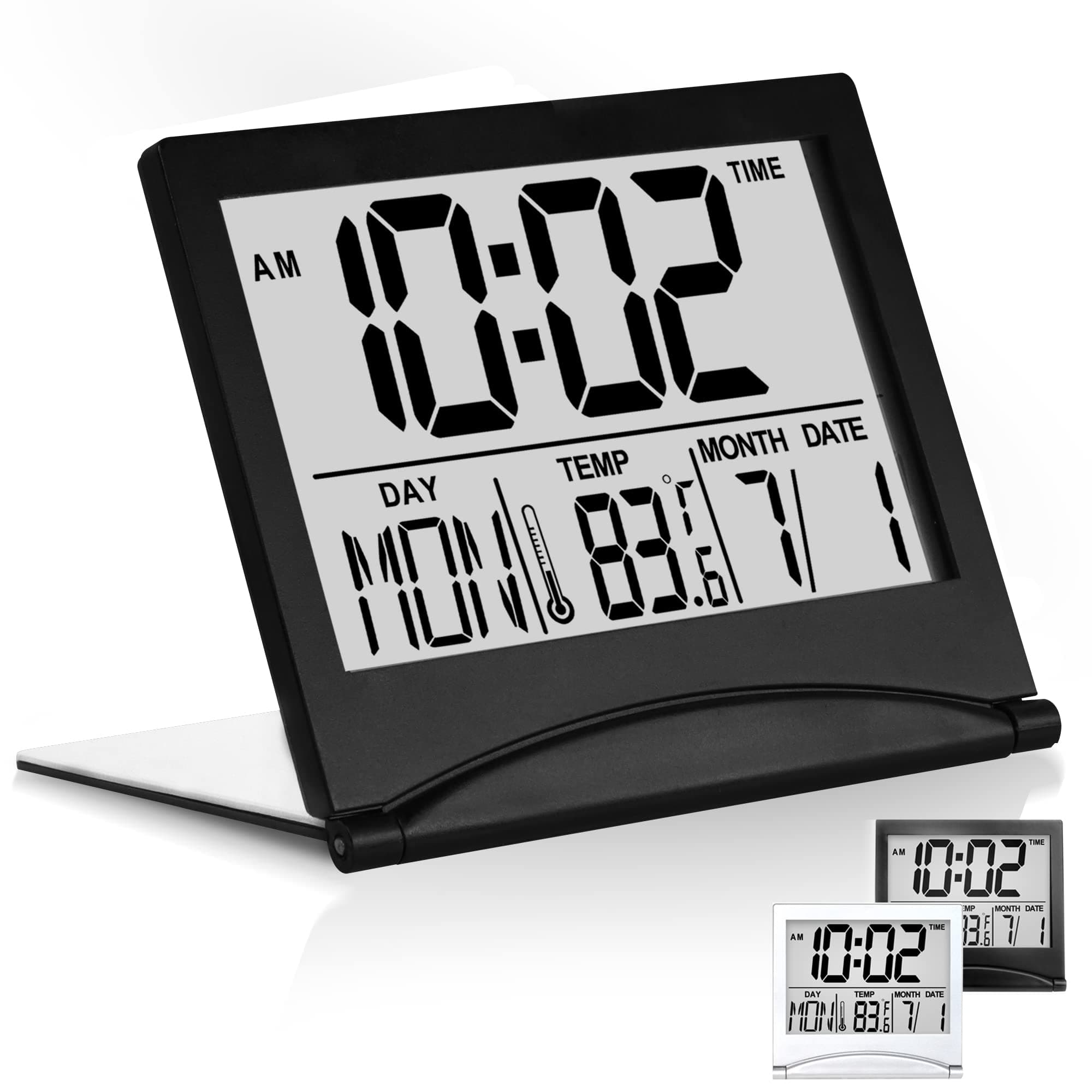 Digital Travel Alarm Clock – Foldable Calendar, Temperature & Timer with Snooze – Large Number Display, Battery Operated – Compact Desk Clock for Home & Office (Black)