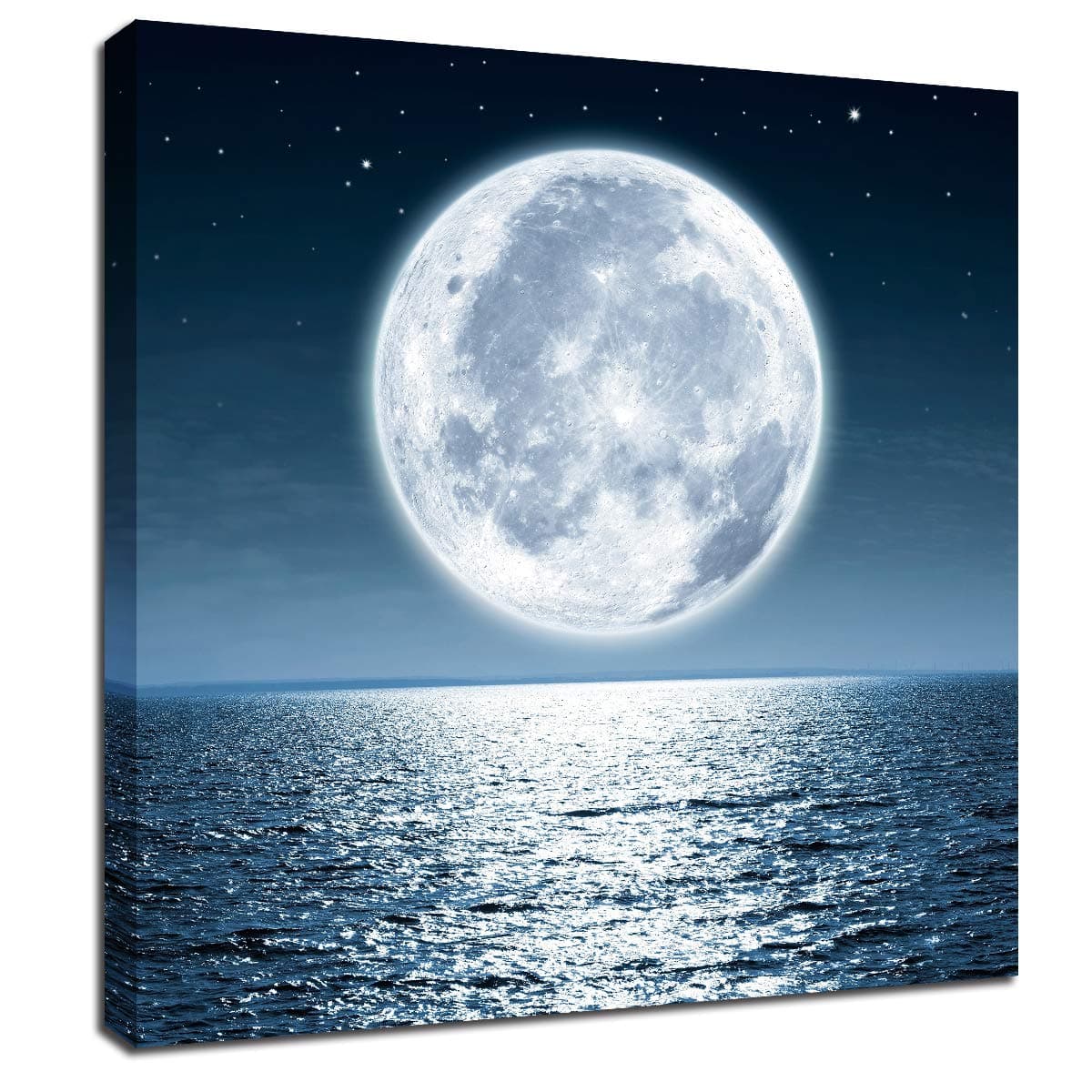 Moon Painting Wall Art Canvas - Moonrise at Sea Ocean Framed Pictures for Living Room Decorations 12x12inch Home Office Modern Landscape Poster Nature Print Ready to Hang Bedroom Bathroom Artwork