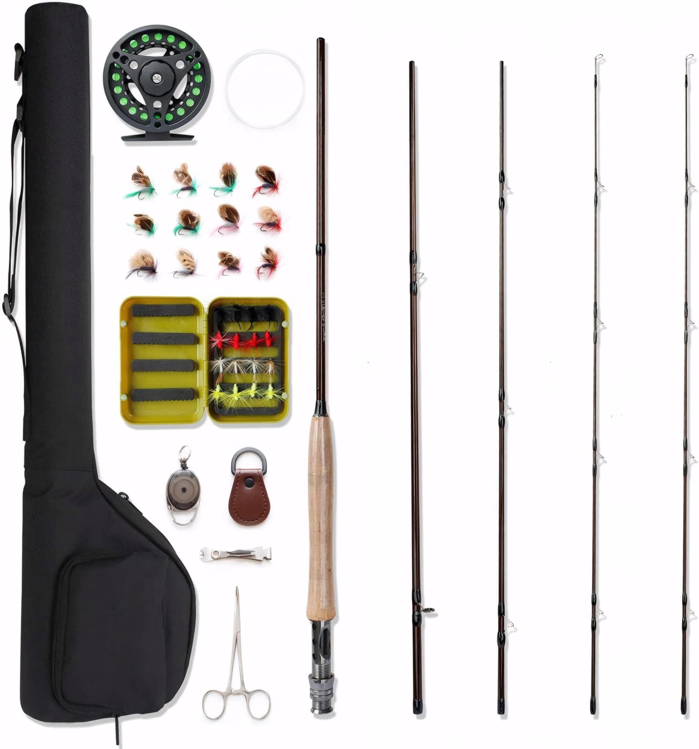 Fly Fishing Combo Kit 4-Piece Fishing Rod 5/6wt Aluminum Reel 28Pcs Flies Kit with 4pcs Tools and a Cloth Carry Bag, Extra Rod Tip and Backing are Especially for Starters