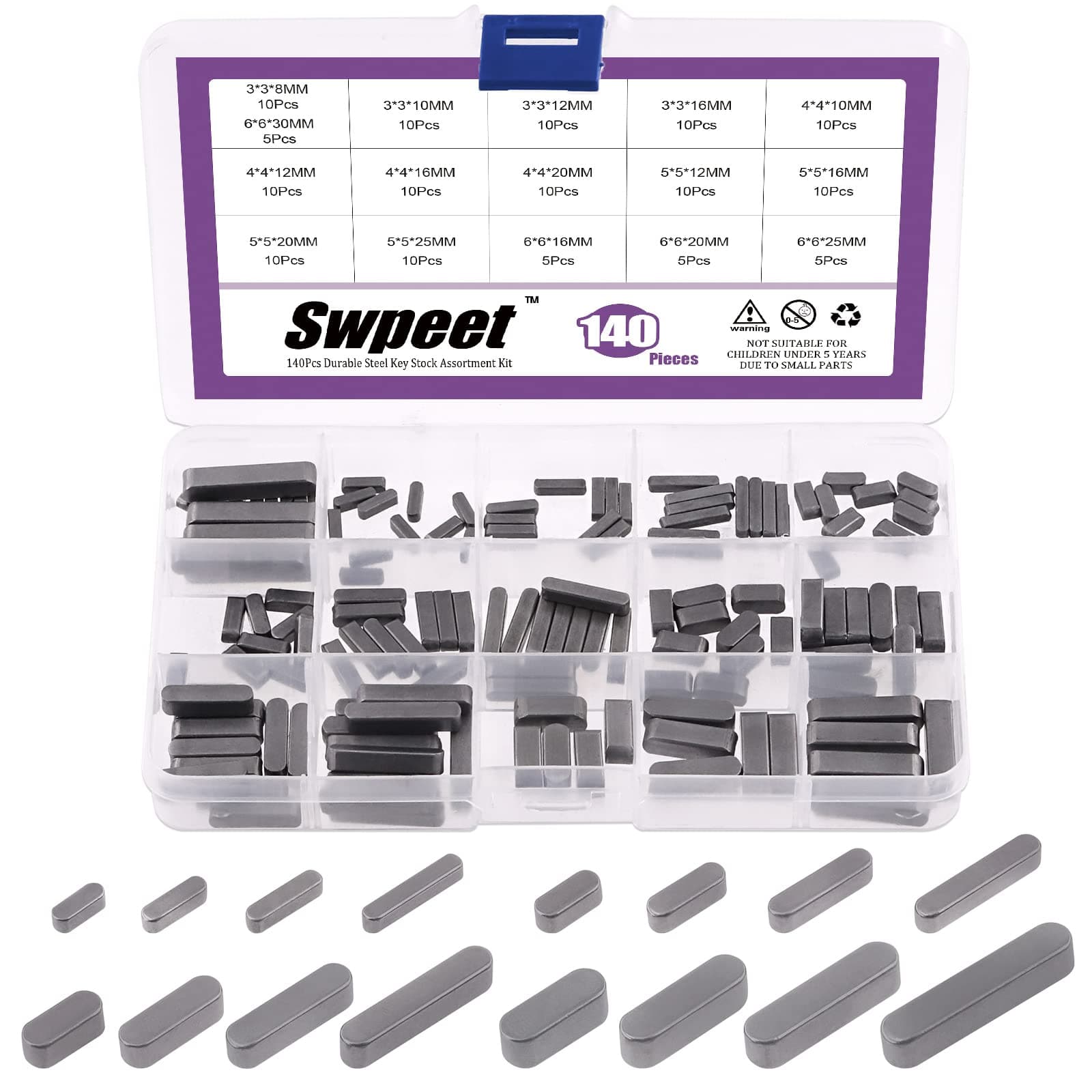 Swpeet 140Pcs 16 Sizes Carbon Steel 3mm 4mm 5mm 6mm Round Ended Feather Key Parallel Drive Shaft Keys Set Key Stock Assortment for Fasteners Mechanical Industry
