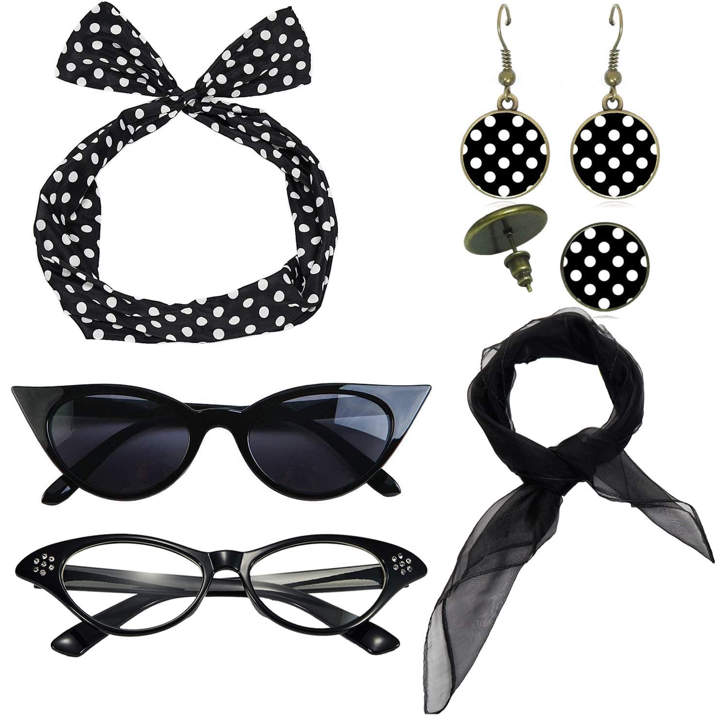 1950's Womens Costume Accessories - 50s Chiffon Scarf,Cat Eye Glasses,Bandana Tie Headband,Drop Dot Earrings (Black)