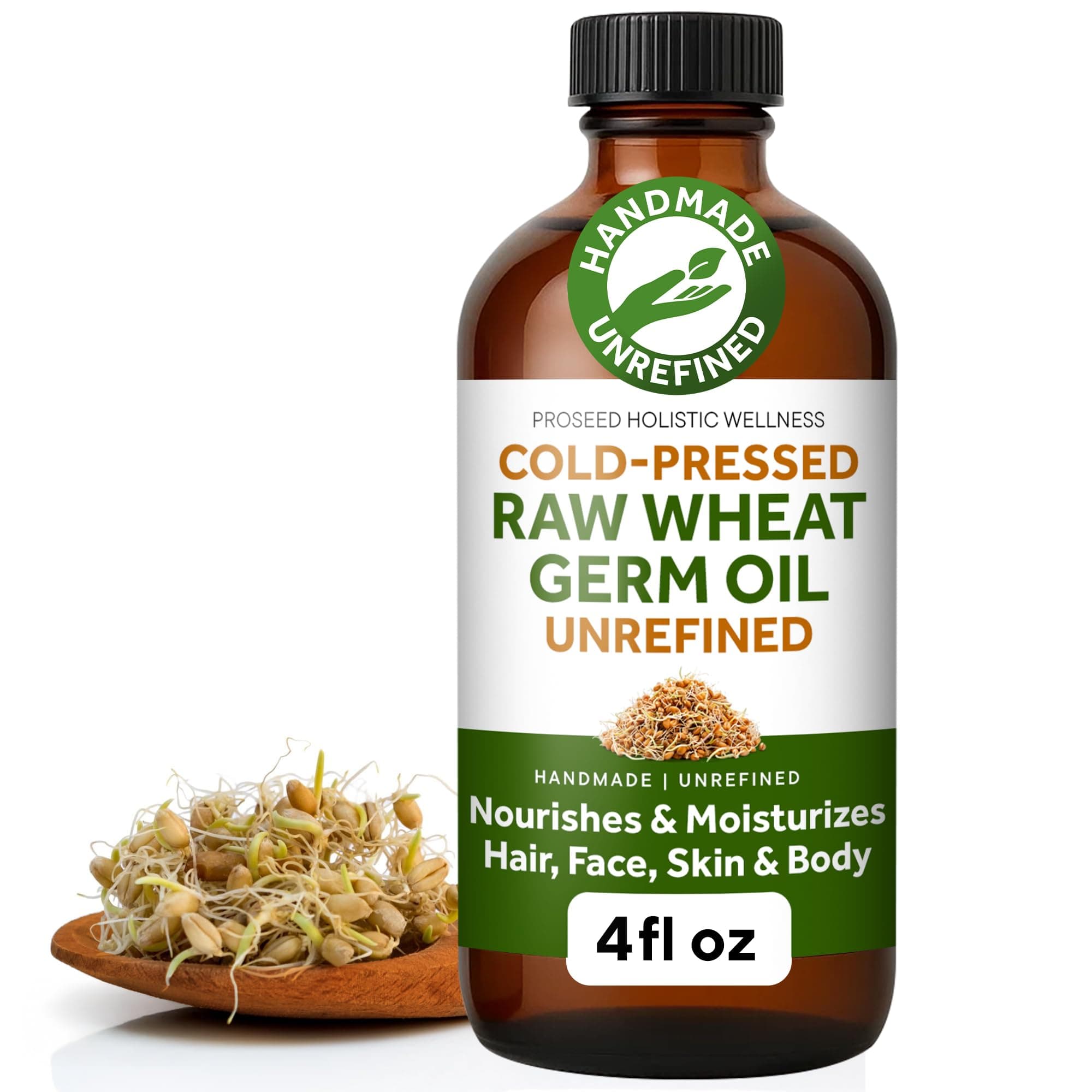 ProSeed Holistic Wellness Raw Wheat Germ Oil - Virgin, Unfiltered, Cold Pressed, Non-GMO, Pure Carrier Oil, High Vitamin E, Omega-Rich for Hair, Face, Skin & Body - 4oz Glass Bottle