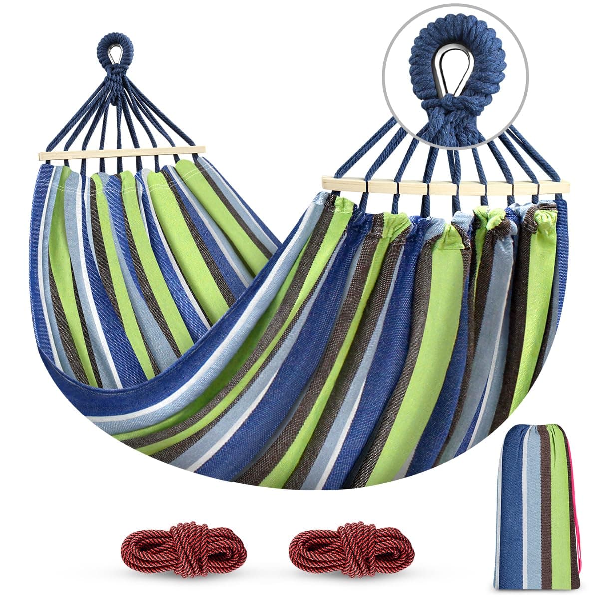 MOSFiATA Hammocks Portable Camping Hammock Upgraded 550lb Comfortable Fabric Hammock with Two Anti Roll Balance Beam and Sturdy Tree Straps for Camping, Patio, Backyard, Outdoor (Light Green)