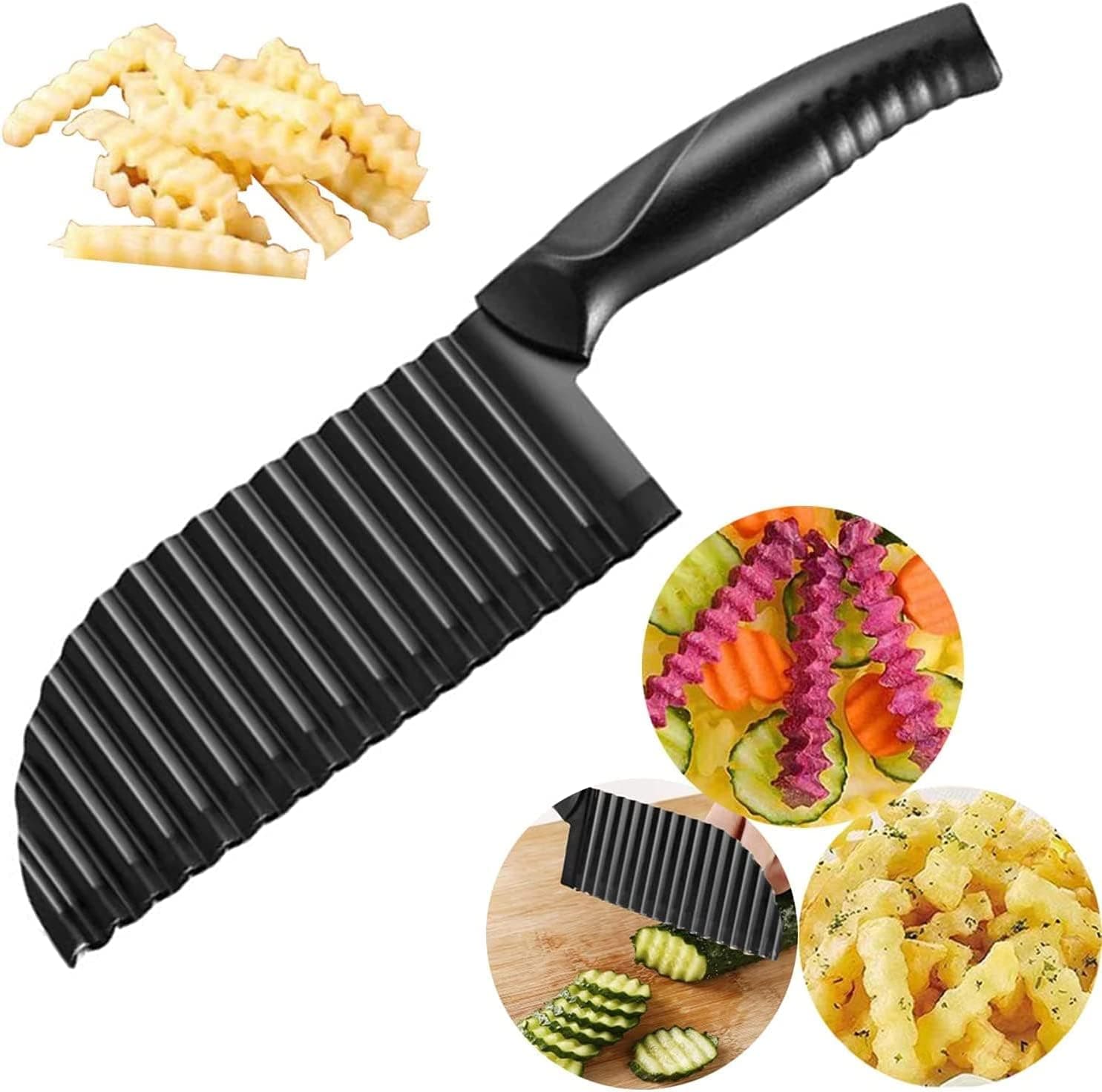 YukaBa Crinkle Potato Cutter-2.9"x11.8" 420 Stainless Steel Waves French Fries Slicer, Save-Effort Handheld Chipper Chopper, Vegetable Salad Chopping Knife Home Kitchen Wavy Blade Cutting Tool, Black