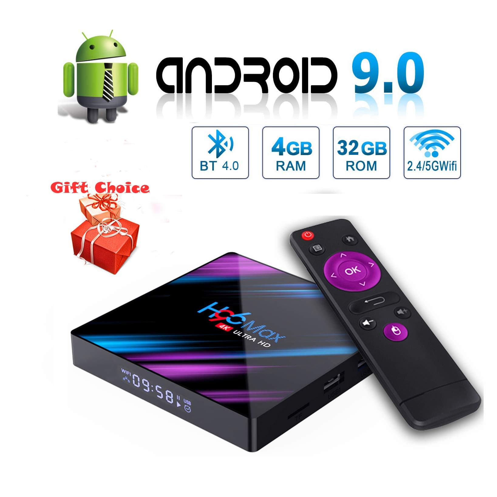 H96 MAX Android 9.0 TV Box 4GB 32GB Smart Android TV Box USB 3.0/BT 4.0/2.4G 5G Dual WiFi/3D/4K/H.265/ KD18.1 Android Box