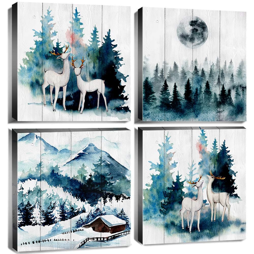 Teal Wall Decor Foggy Forest Wall Art Mountain Pictures Deer Pine Tree Misty Landscape Canvas Prints for Bedroom Bathroom Decorations Modern Abstract Nature Artwork Snow Winter Poster 4 Pieces 12x12"