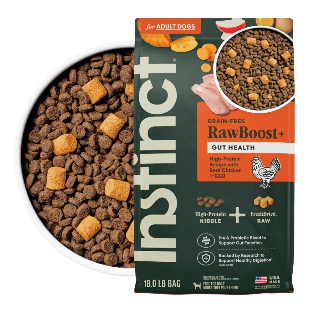 RawBoost Gut Health, Natural Dry Dog Food with FreshDried Raw, High Protein, Grain-Free Recipe - Real Chicken, 18 lb. Bag